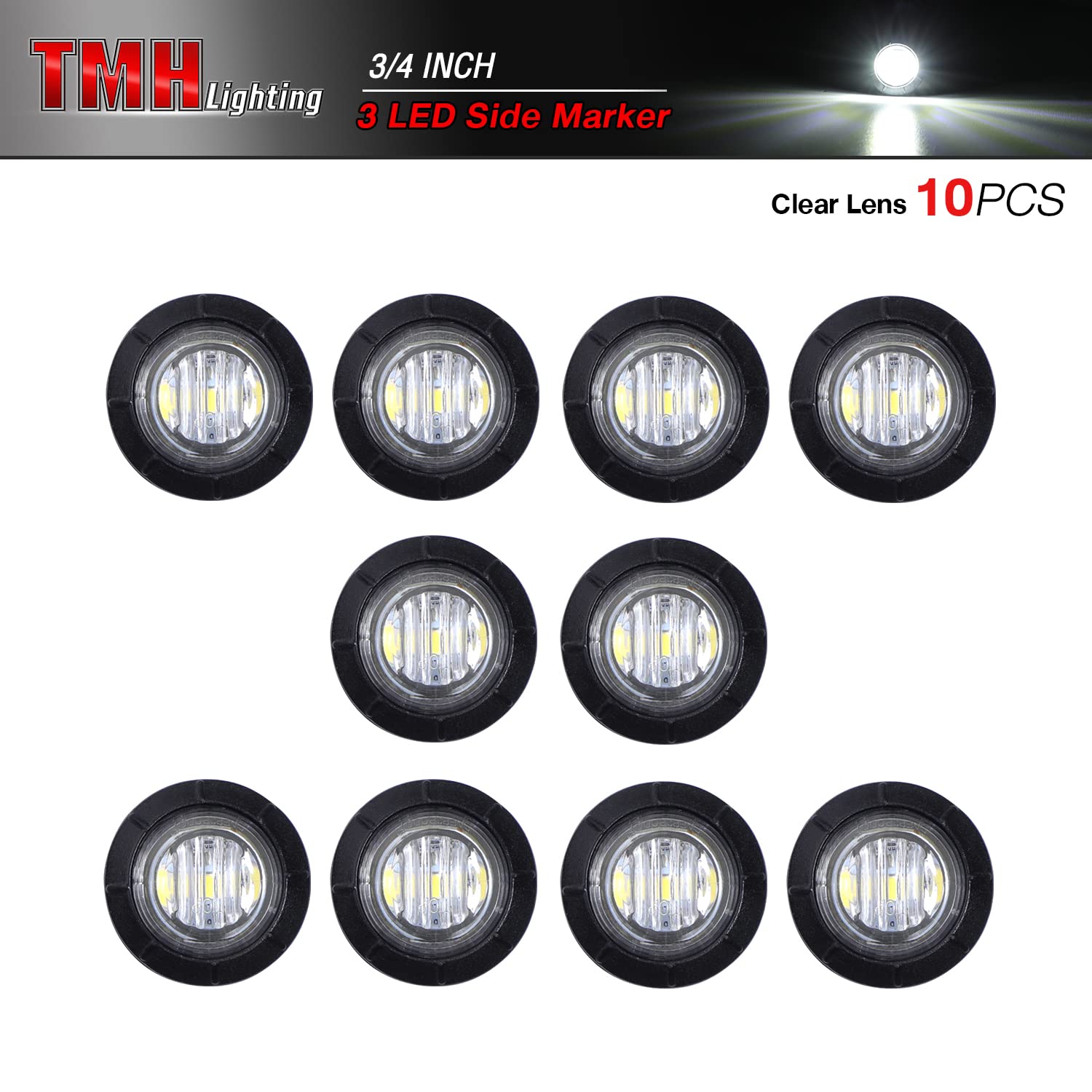Tmh 10 Pcs 3/4 Inch White Side Marker Indicator Lights Mini Round Front Rear With Rubber 3 Led For Trailer Truck Lorry Car 3 Led