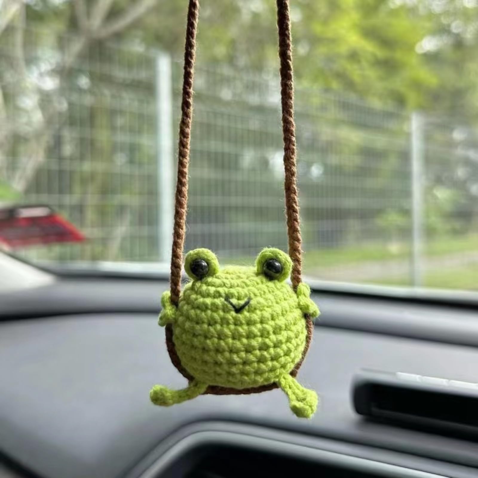 Crochet Swinging Frog Car Mirror Hanging Accessories, Cute Car Decorations For Women Aesthetic, Handmade Knitted Rearview Mirror