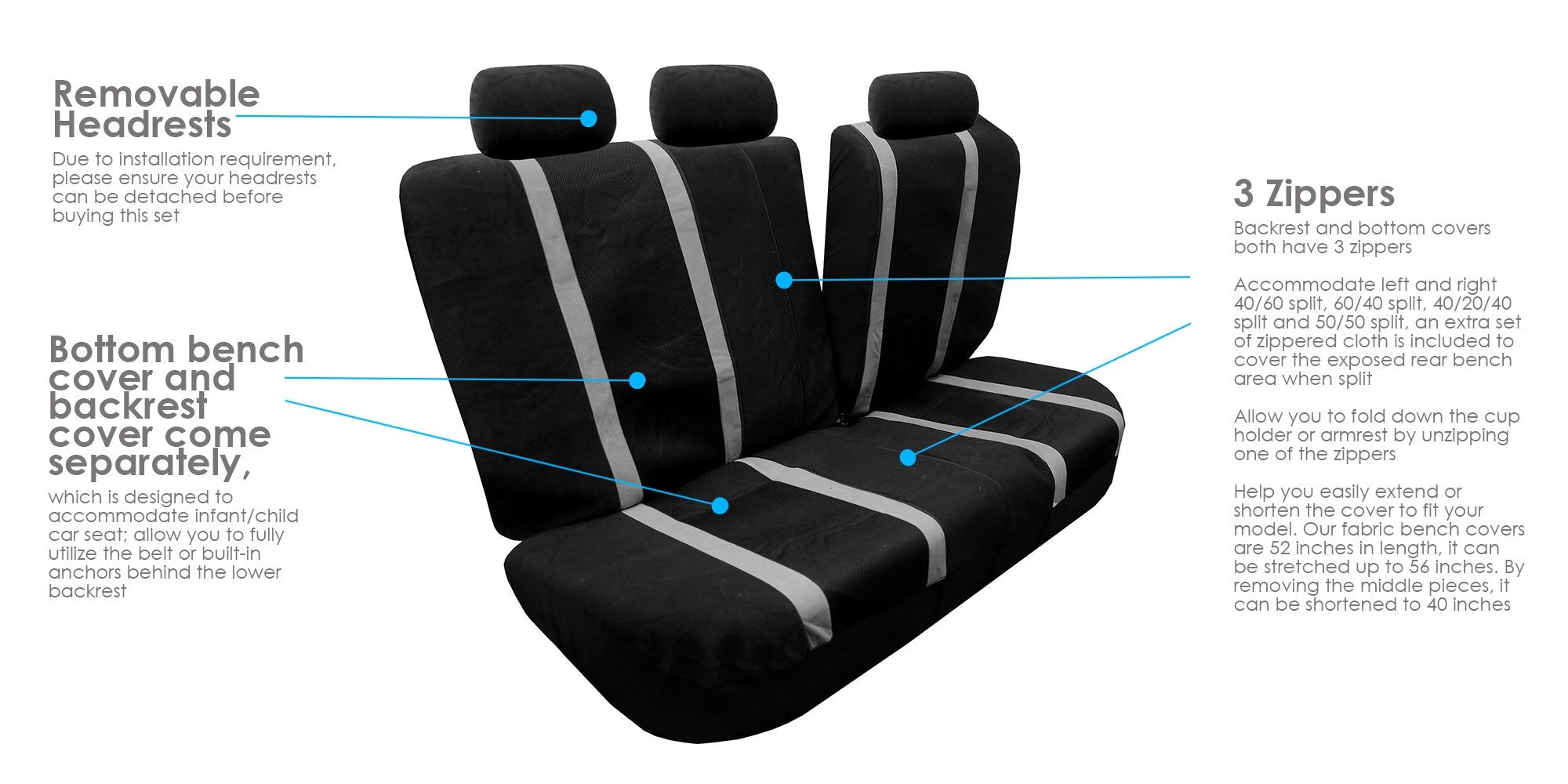 Fh Group Car Seat Covers Sports Full Set Gray Automotive Seat Covers, Airbag Compatible And Split Rear Car Seat Cover Universal