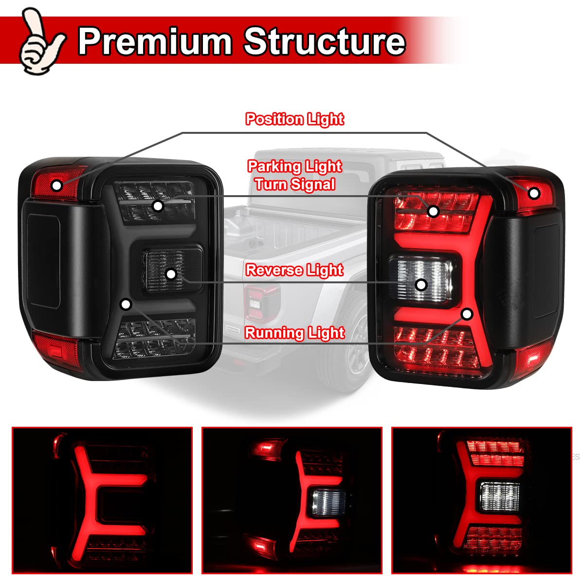 Nixon Offroad Tail Lights For Jeep Gladiator Jt 2018-2023 Tail Lamps Sequential Led Rear Lights Car Rear Lamps Assembly Replacement 1Pair (Matte Black Housing/Smoke Lens)