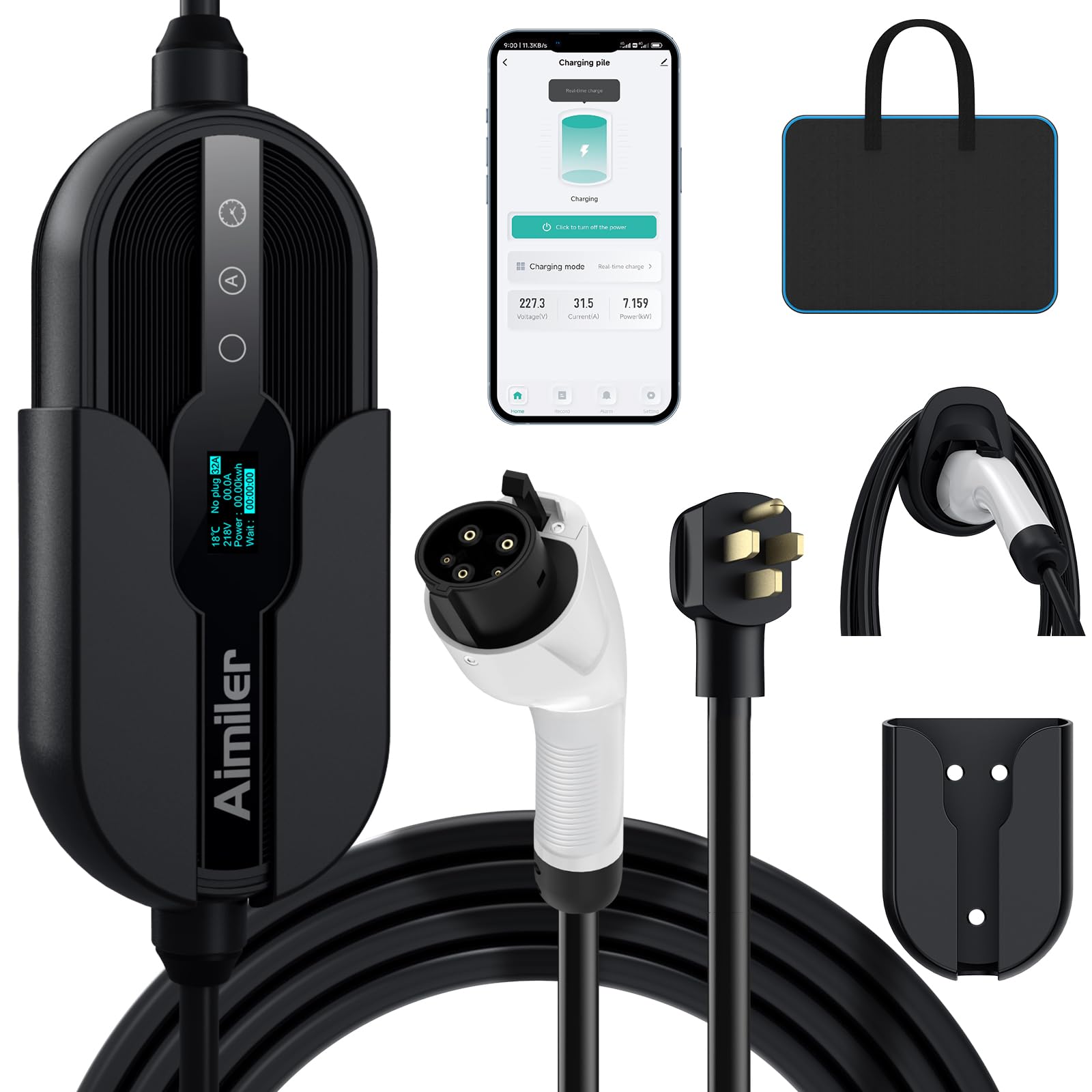 Aimiler Level 2 Electric Vehicle (Ev) Charger(32Amp, 220V-240V, Nema 14-50 Plug), 25Ft Cable Etl Listed Portable Indoor/Outdoor