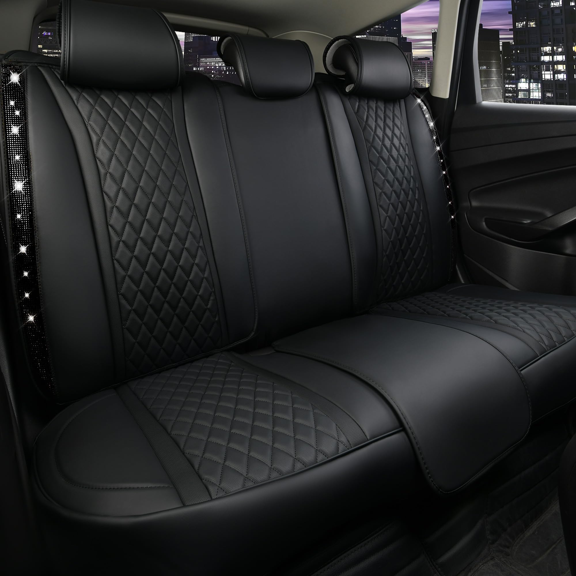 Car Pass Bling Diamond Back Seat Covers, Nappa Leather Rear Seat Bench Cushion Waterproof Breathable Back Row Protector Universa