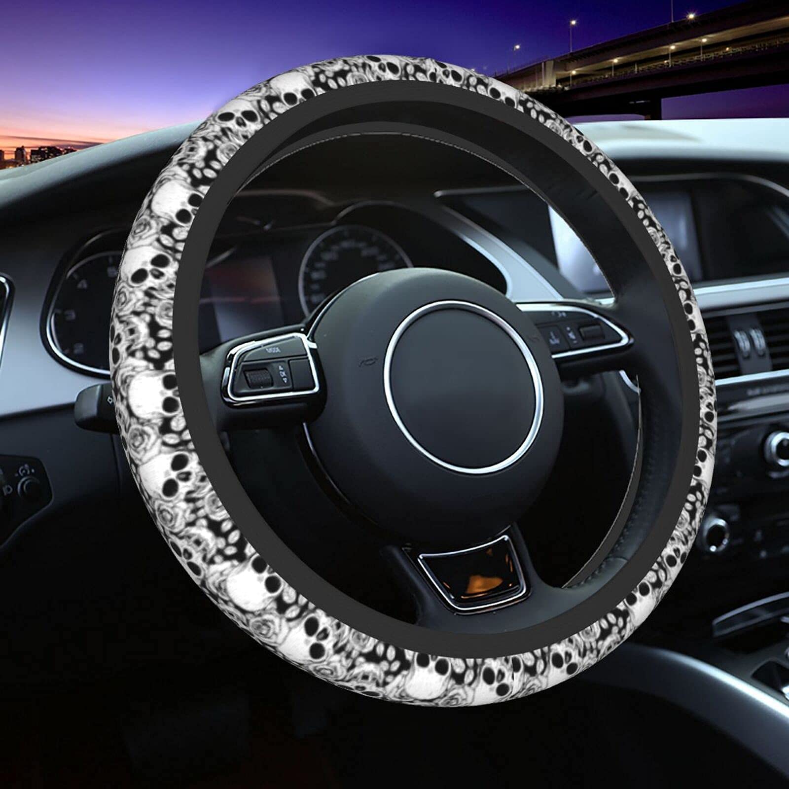 Skull Steering Wheel Cover Non Slip Black And White Neoprene Steering Wheel Protector Covers Universal 15 Inch For Women Men Car