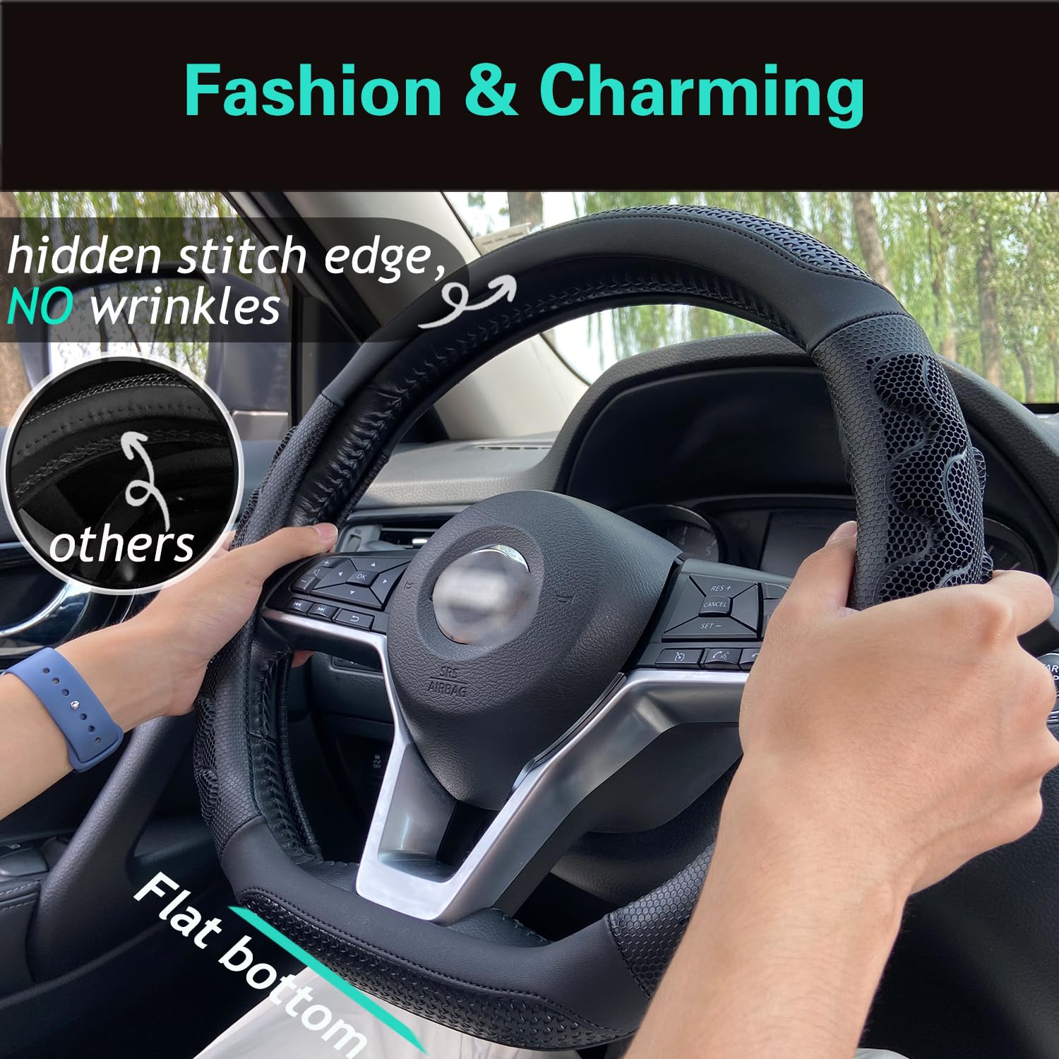 Pinctrot D Shaped 14.5-15 Inch Steering Wheel Cover Great Grip With 3D Honeycomb Anti-Slip Design, Flat Bottom 14.5-15 Inch (All