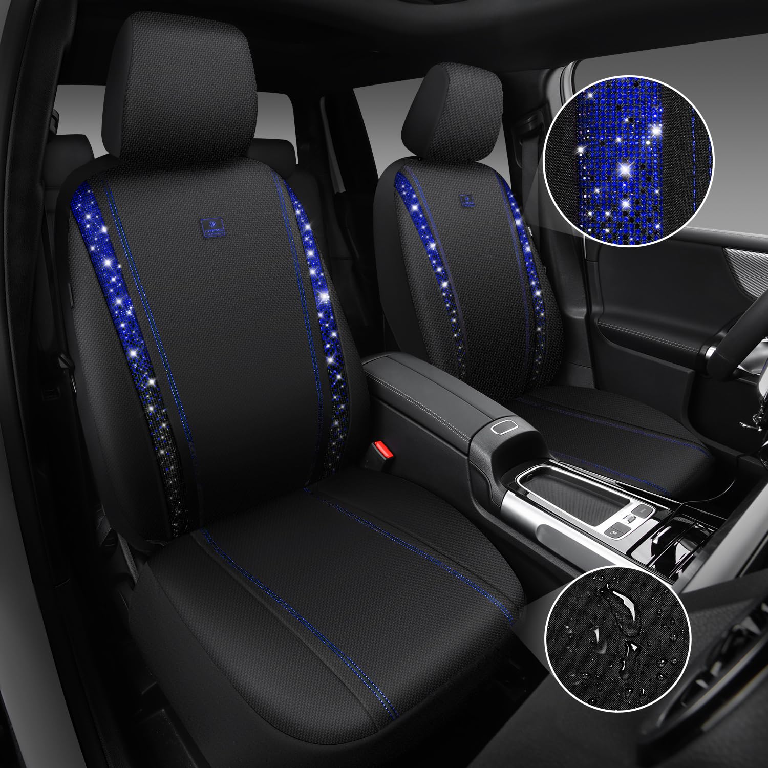 Car Pass Oxford Bling Diamond Car Seat Cover 2 Front Interior Sets, Waterproof Universal Shining Glitter Sparkly Crystal Fit Arm