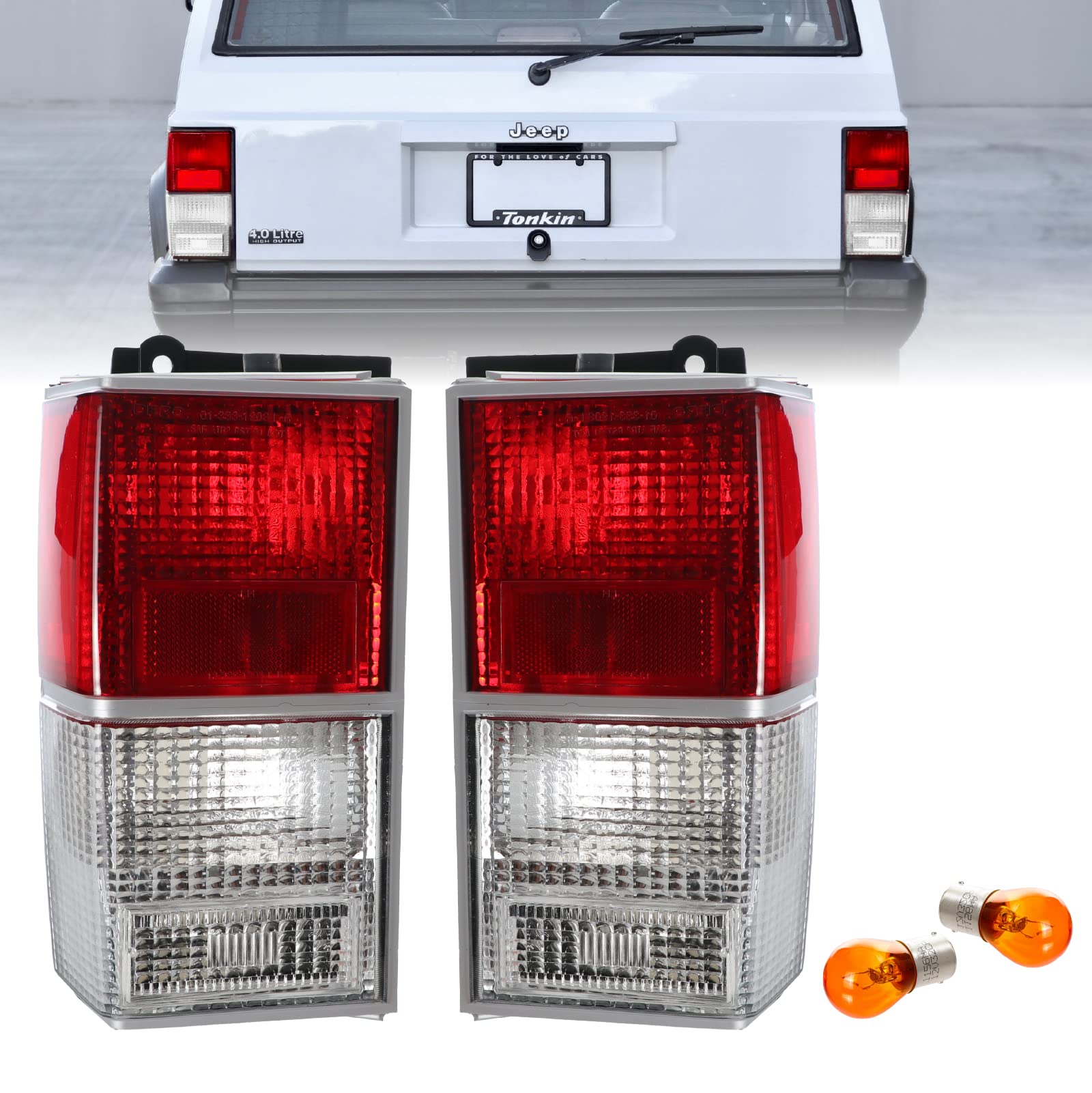 USR 84-96 XJ Tail Lights - Stock Replacement Euro Style Red/Clear Lens Rear Tail Lamps Set (Left + Right) Compatible with 1984-1