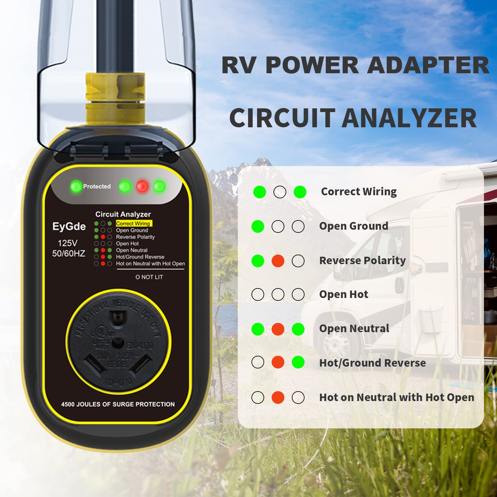 Eygde 30 Amp To 15 Amp 110 Rv Adapter With Surge Protector Waterproof - Patented 4500J 5-15P Male To Tt-30R Plug Rv Circuit Anal