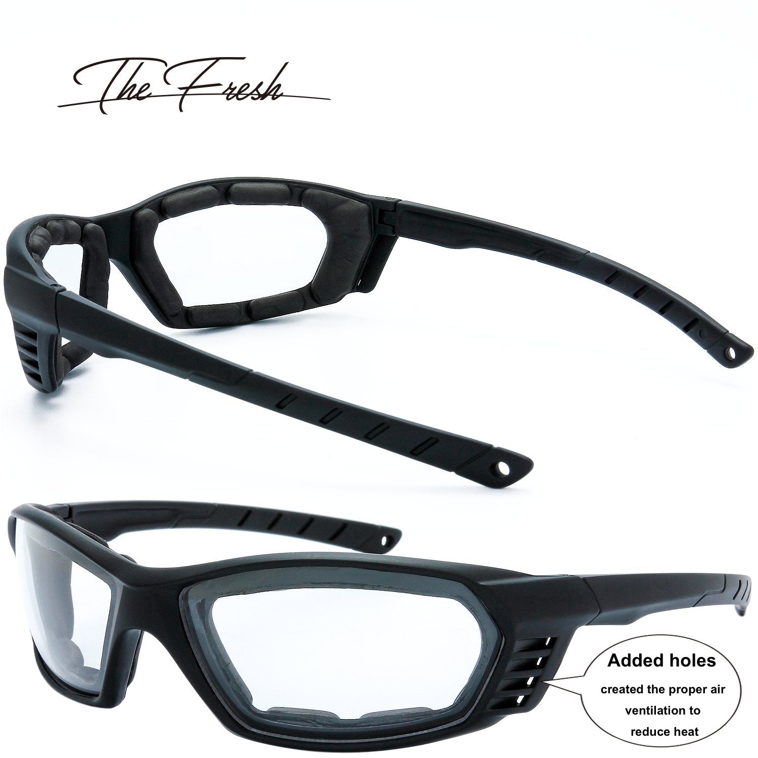 The Fresh 3 Pairs Motorcycle Riding Glasses Padded Frame Lens Block 100% Uvb For Outdoor Activity Sport (5-Matte Black, Clear, Yellow, & Grey)