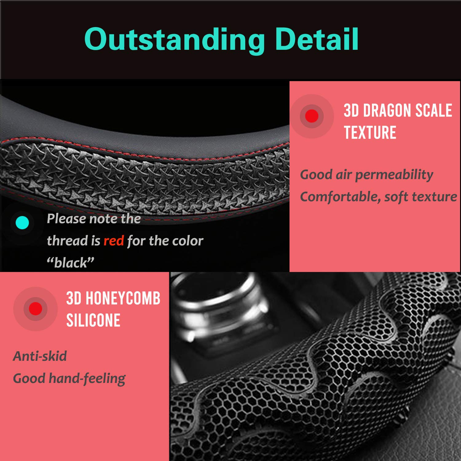 Pinctrot Large Size Steering Wheel Cover Great Grip With 3D Honeycomb Anti-Slip Design, 15.5-15.75 Inch (Black/Red Stitch)