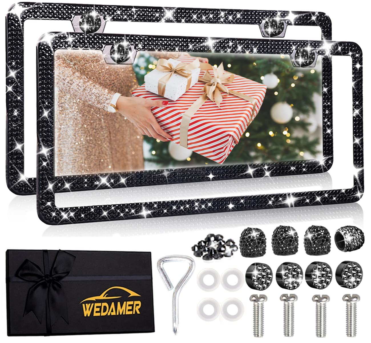 Wedamer 2 Pack Bling License Plate Frames For Women Black Rhinestone License Plate Frame Black Diamond License Plate Frame Sparkly License Plate Frame Glitter Bedazzled License Plate Frame Gifts Women