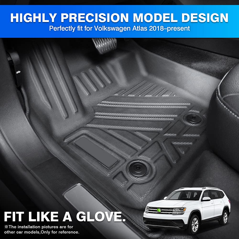T Tgbros Floor Mats Custom Fit For 2018-2023 2024 Volkswagen Vw Atlas Accessories All Weather Protection Tpe 2 Rows Floor Liners Set Non-Slip Black