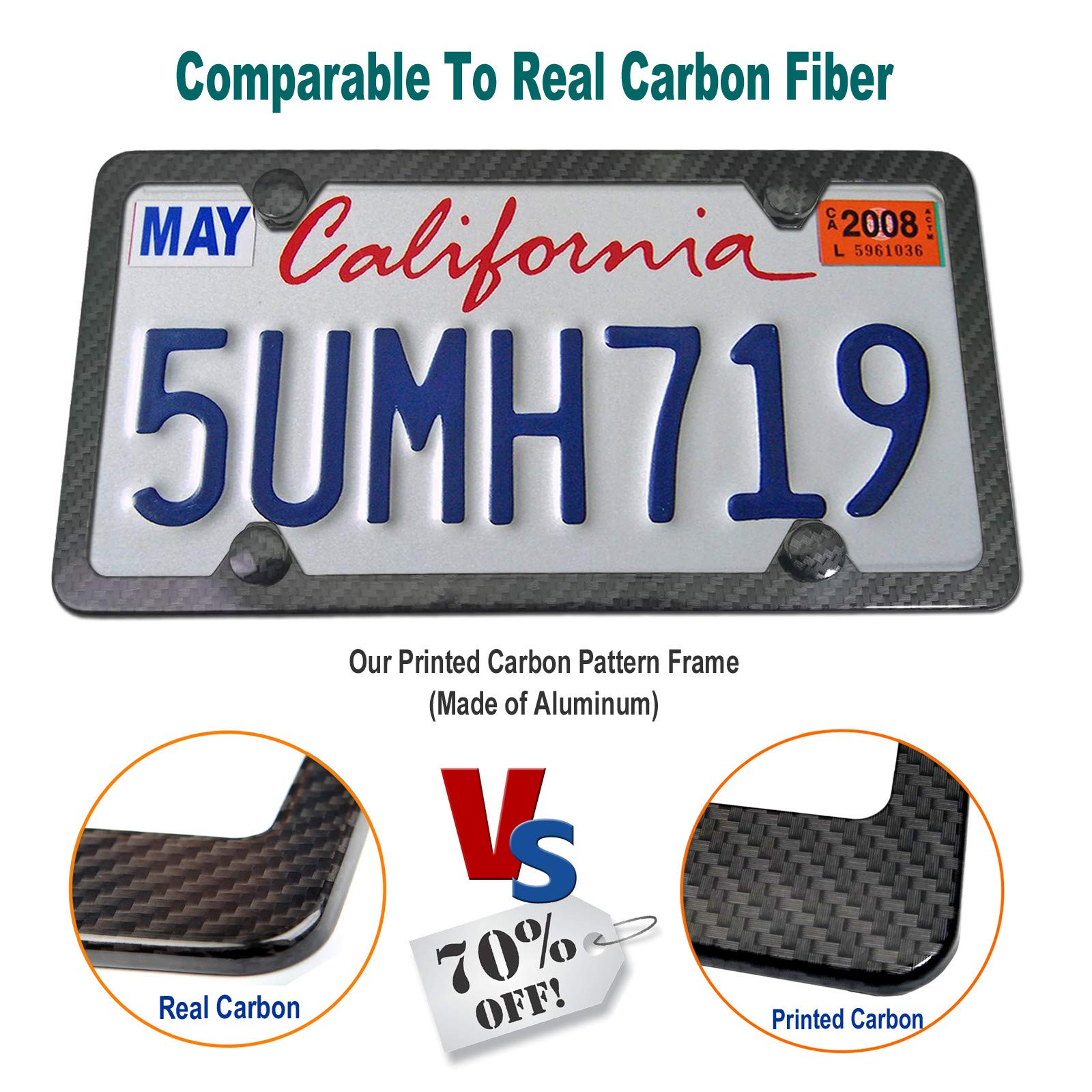 Aootf Carbon Fiber License Plate Frame- Heavy Duty Black Aluminum Car Tag Cover Printed Carbon Patterns, Slim Front & Rear Holde