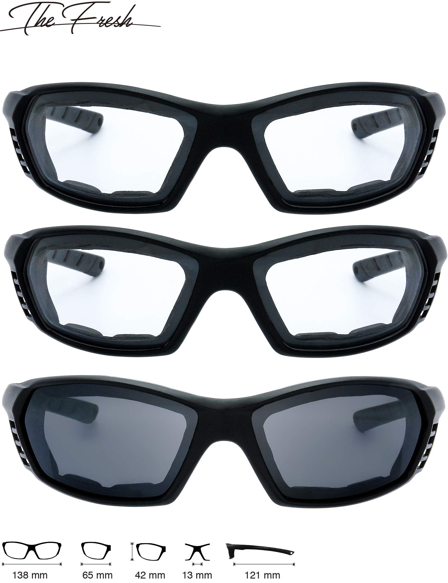 The Fresh Motorcycle Riding Glasses Padded Frame Lens Block 100% UVB for Outdoor Activity Sport (20-Black, Clear*2, & Grey)