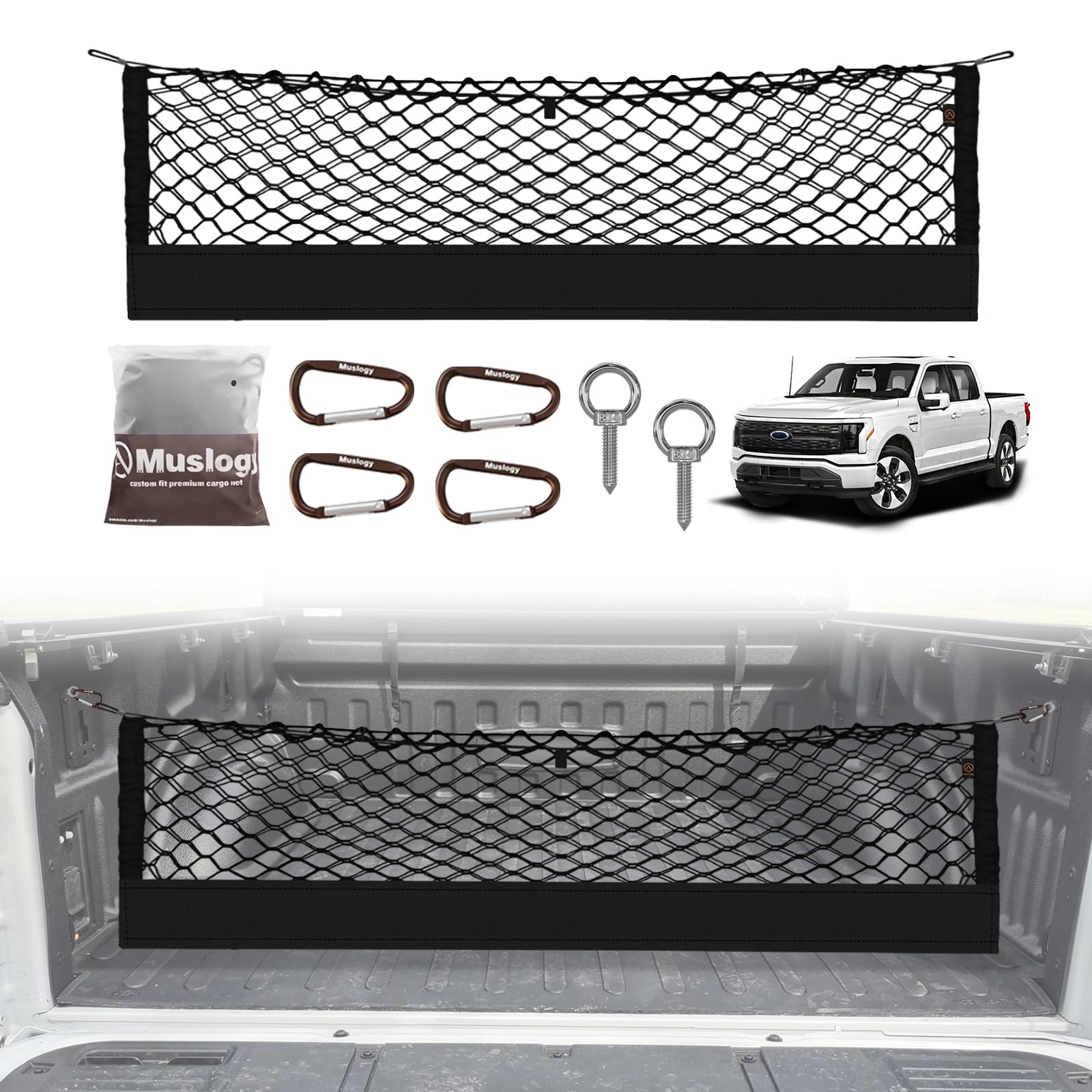 Muslogy Truck Bed Cargo Net Compatible With Ford F-150 & Lightning 2015-2025, Accessories Storage Organizer Pickup Truck Bed Env