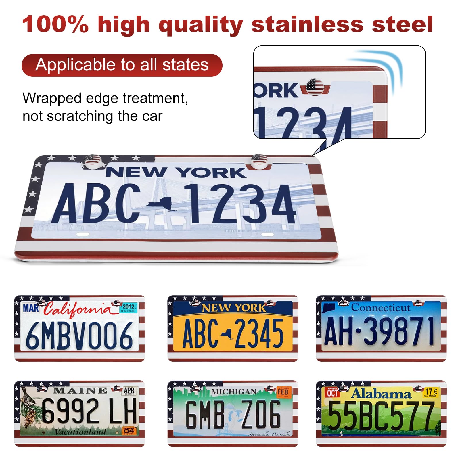 Quanqiufei 2 Pack License Plate Frames, Stainless Steel Car License Plate Cover Car Accessories With Screw Caps (Red And Blue)