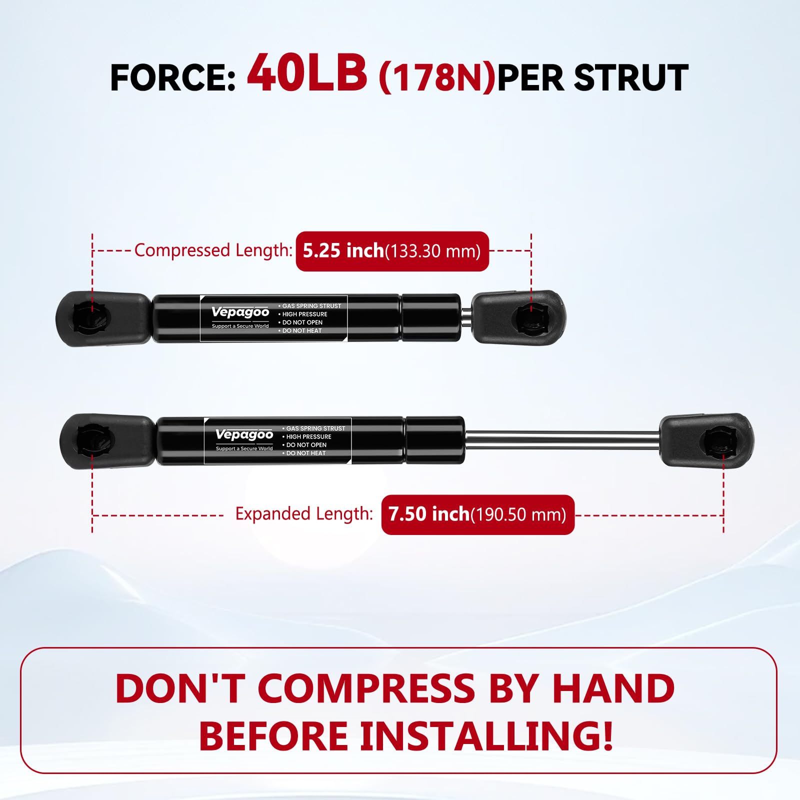 Vepagoo 7.5 Inch Gas Struts 40Lb/178N, C1615046 Gas Shock Spring Lift Supports For Rv Overhead Cabinet Door Toolbox Lid, Marine