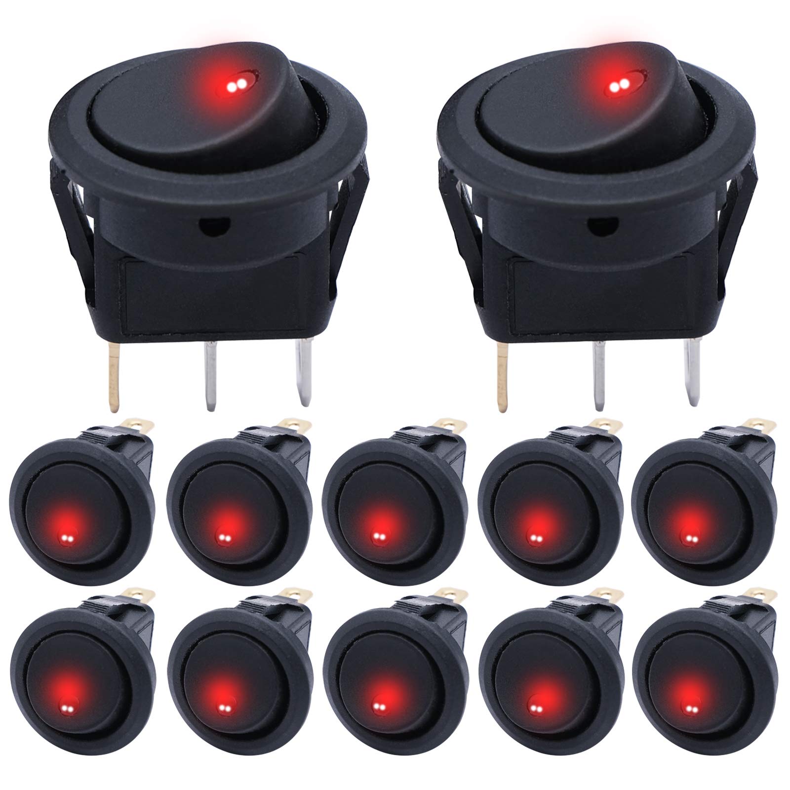 Mxuteuk 12Pcs 12V Lighted Round Rocker Switch Toggle Switch Red Led Spst On-Off Switch 20A For Car Truck Control Kcd2-102N-R
