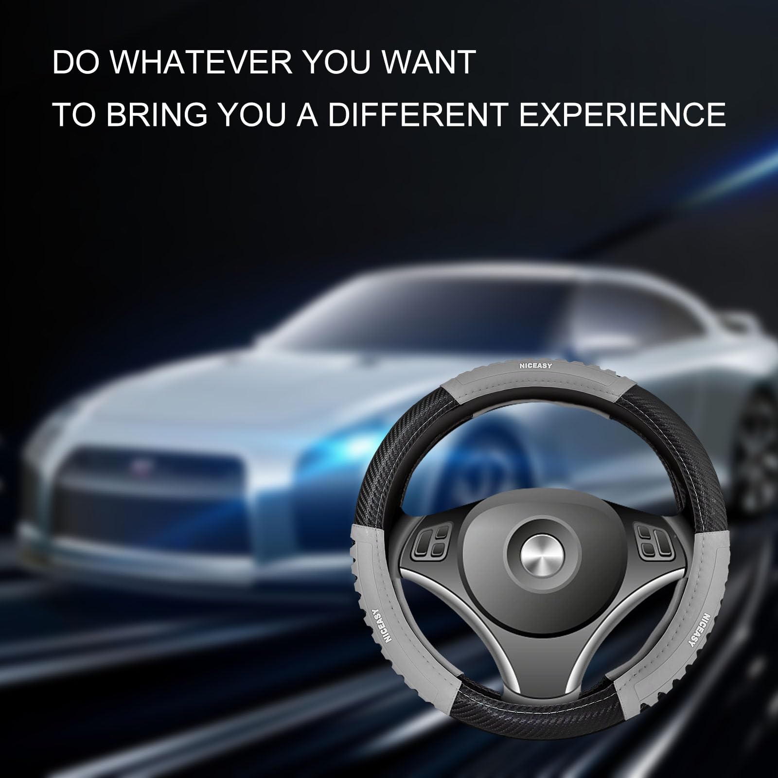 NICEASY Sport Style Black Carbon-Fiber Steering Wheel Cover with Grey Grip Steering Wheel Accessory,Universal Fit 14.75-15 inch