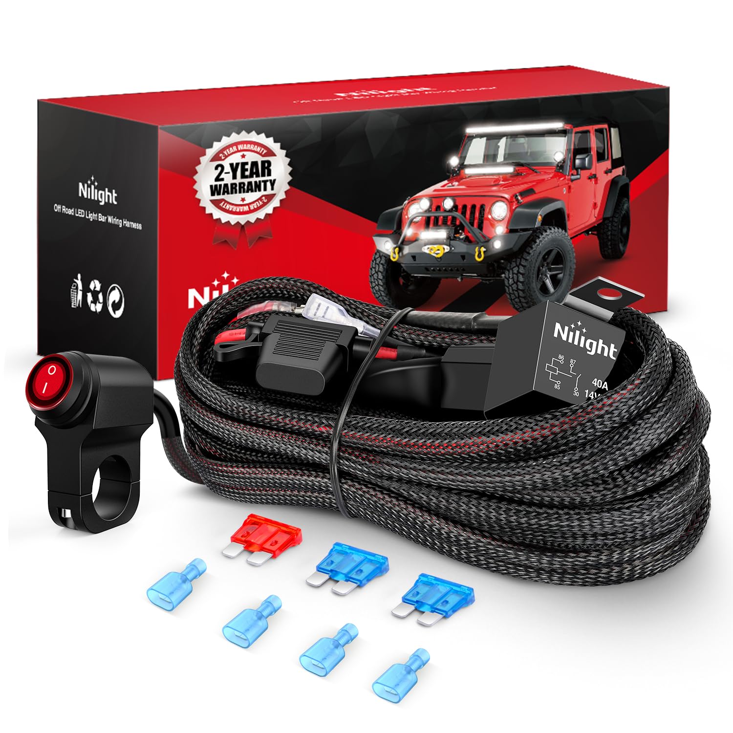 Nilight Wiring Harness Kit Nylon 16 Awg 2 Leads 12V Motorcycle Handlebar Switch On Off Power Relay Blade Fuse For Led Light Bar