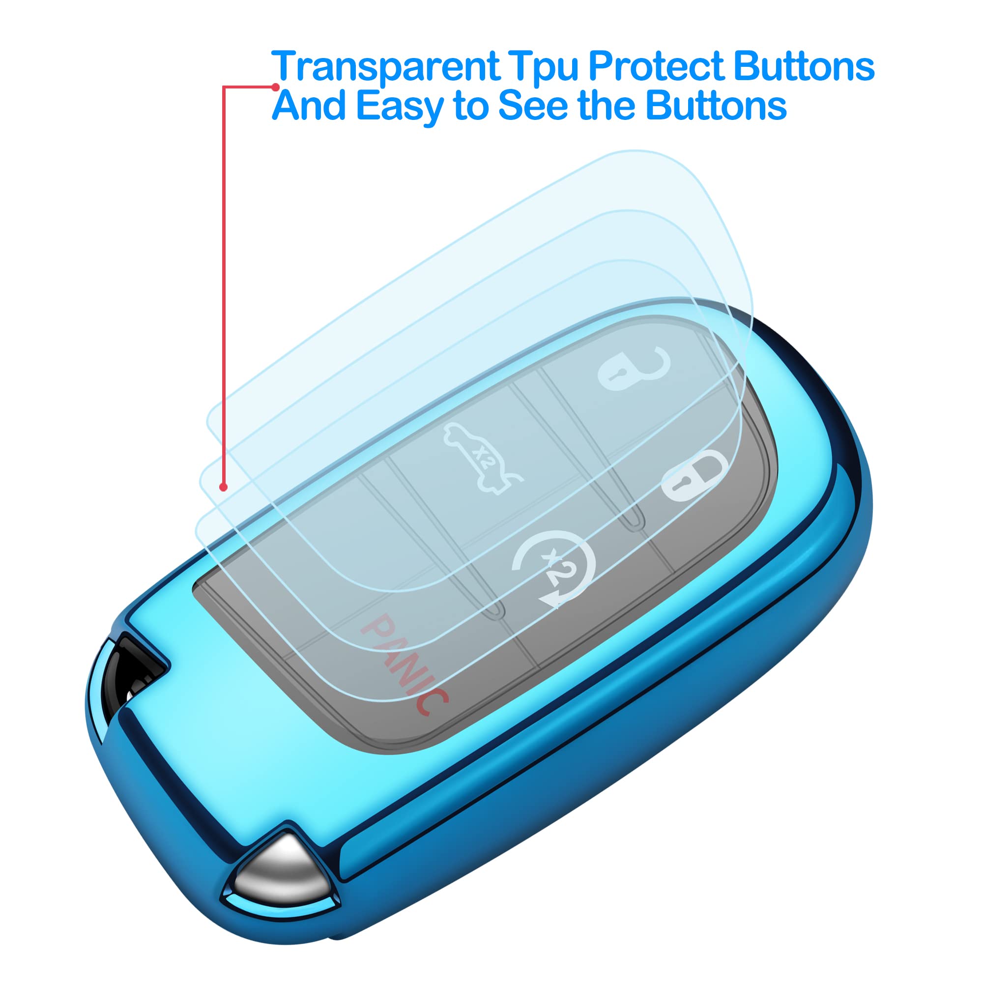 Compatible With Jeep Key Fob Cover With Leather Keychain Soft Tpu Protection Key Case For Grand Cherokee Renegade Chrysler 200 300 Dodge Ram Durango Challenger Journey Dart Fiat Smart Key,Blue