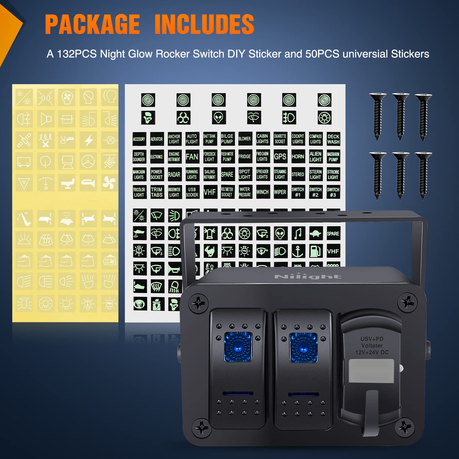 Nilight 2 Gang Rocker Switch Box 12V Spst On Off Pd Type C And Qc 3.0 Usb Charger Voltmeter Waterproof Aluminum Panel Diy Sticke