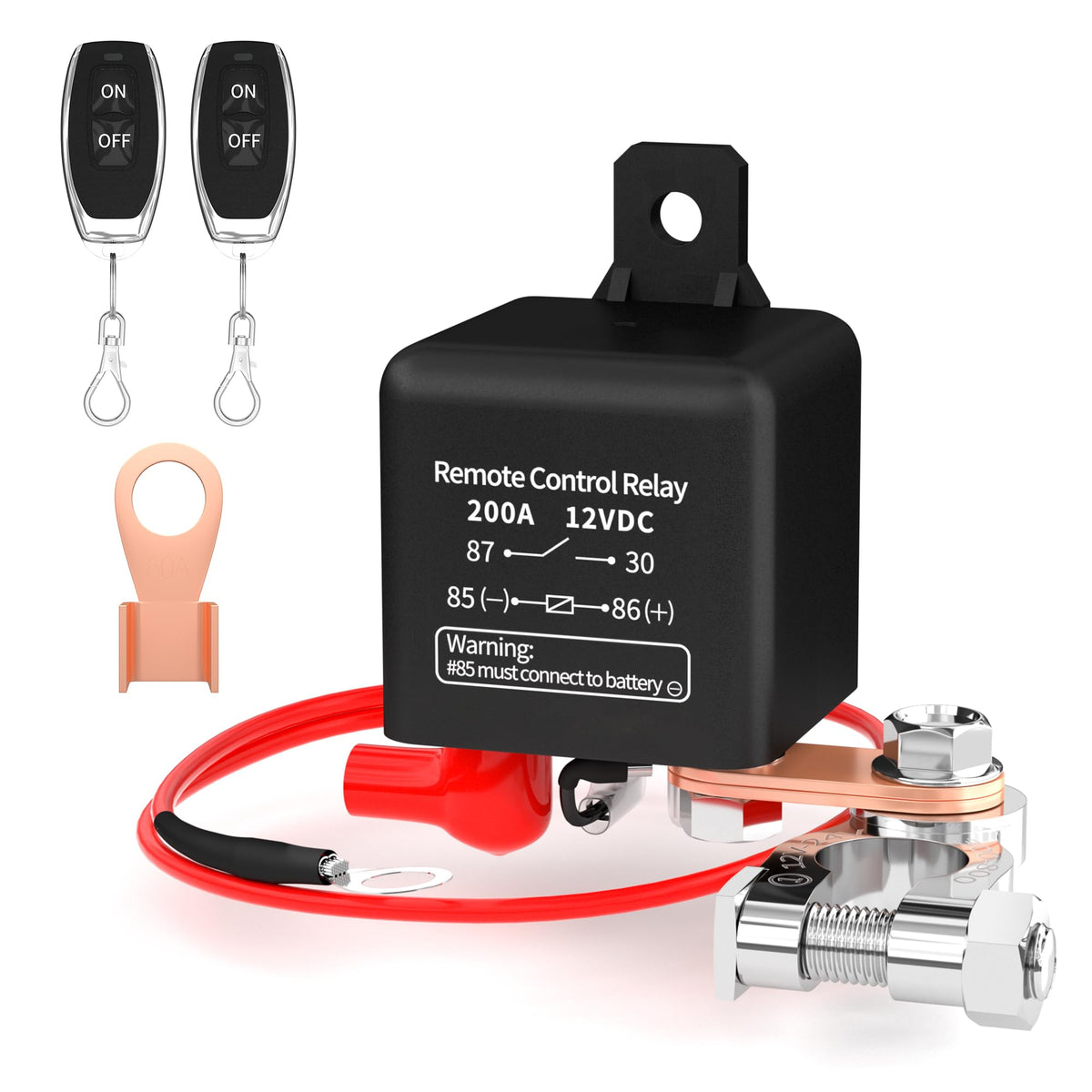 Joinfworld Remote Battery Disconnect Switch 12V 200A Car Kill Switch Anti-Theft Remote Control Switch With Two Wireless Remote Control Relay Fobs For Auto Truck Boat
