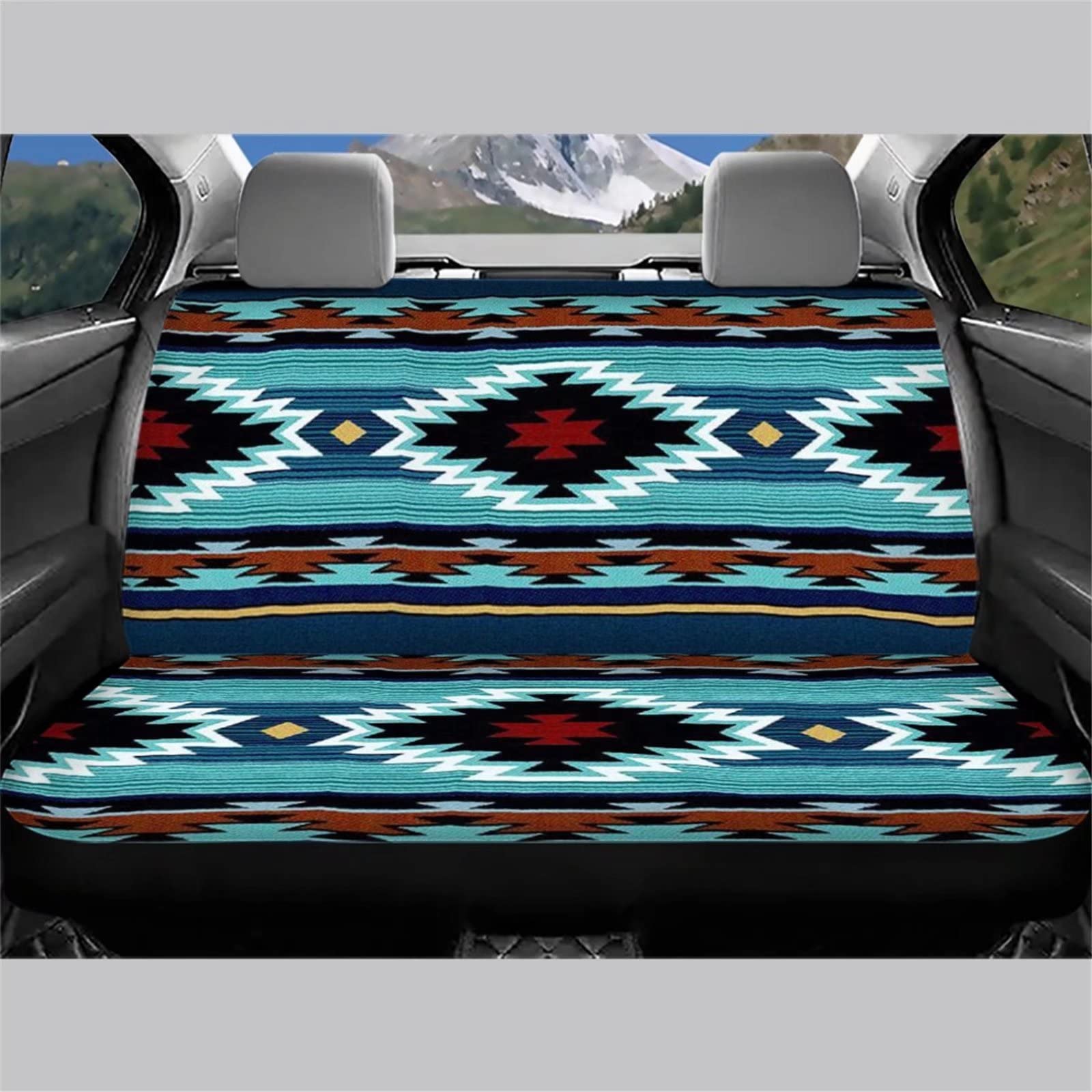 Wellflyhom Aztec Print Universal Rear Split Bench Seat Cover For Cars Truck Suv No Headrest Tribal Turquoise Geometric Stripe Design Back Seat Backrest Saddle Blanket Protector Set Of 2