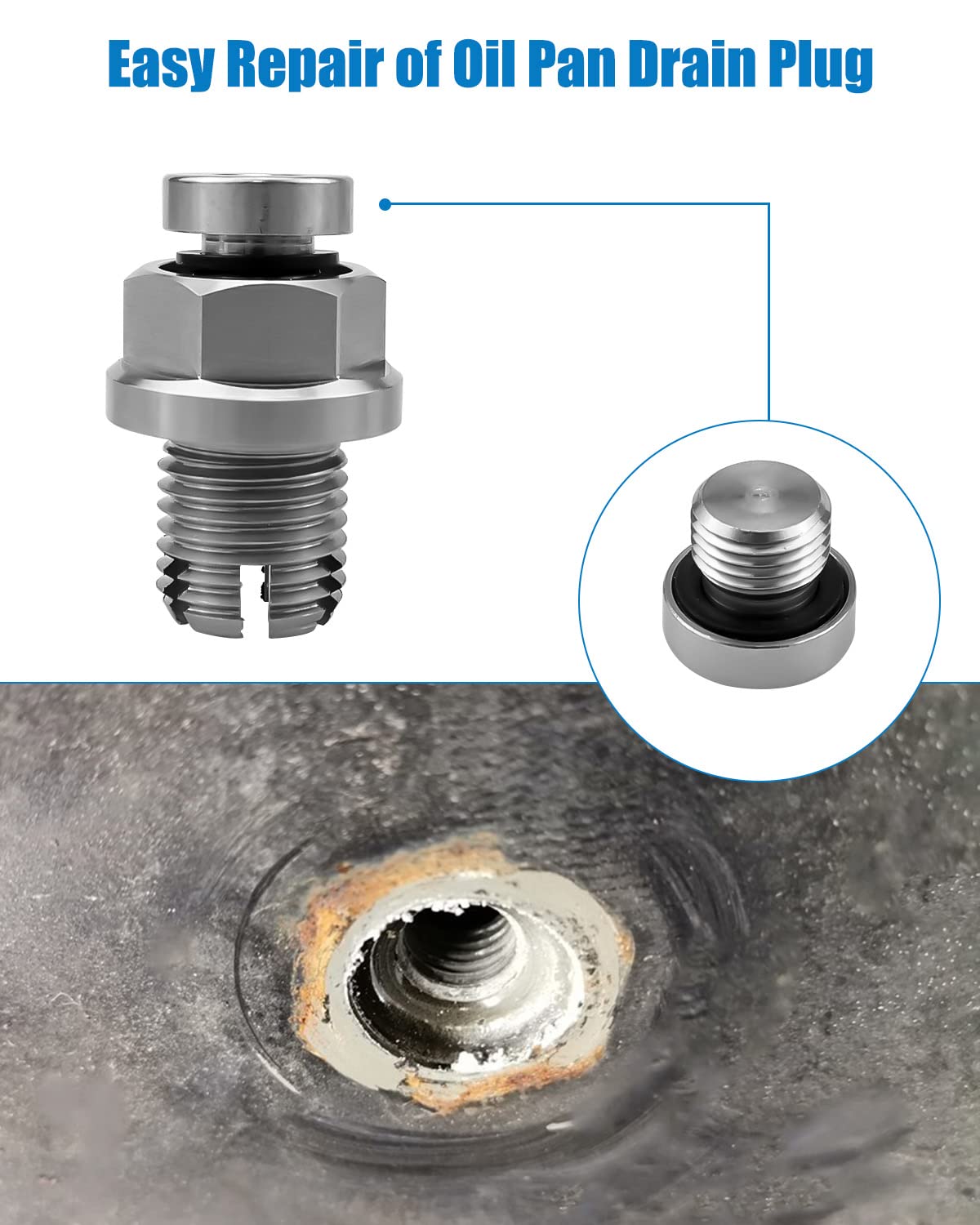 Tikscience M12.1-1.25 X 15Mm Oil Drain Plug Oversize Piggyback, Stainless Steel Self Tapping Oil Pan Thread Repair Kit With O-Ring