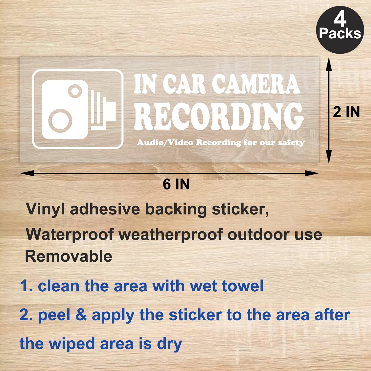 None Brand Waterproof Vinyl Camera Recording Window Stickers, White, 6x2, 4 Pcs for Rideshare, Van, Truck, Taxi, Bus Drivers