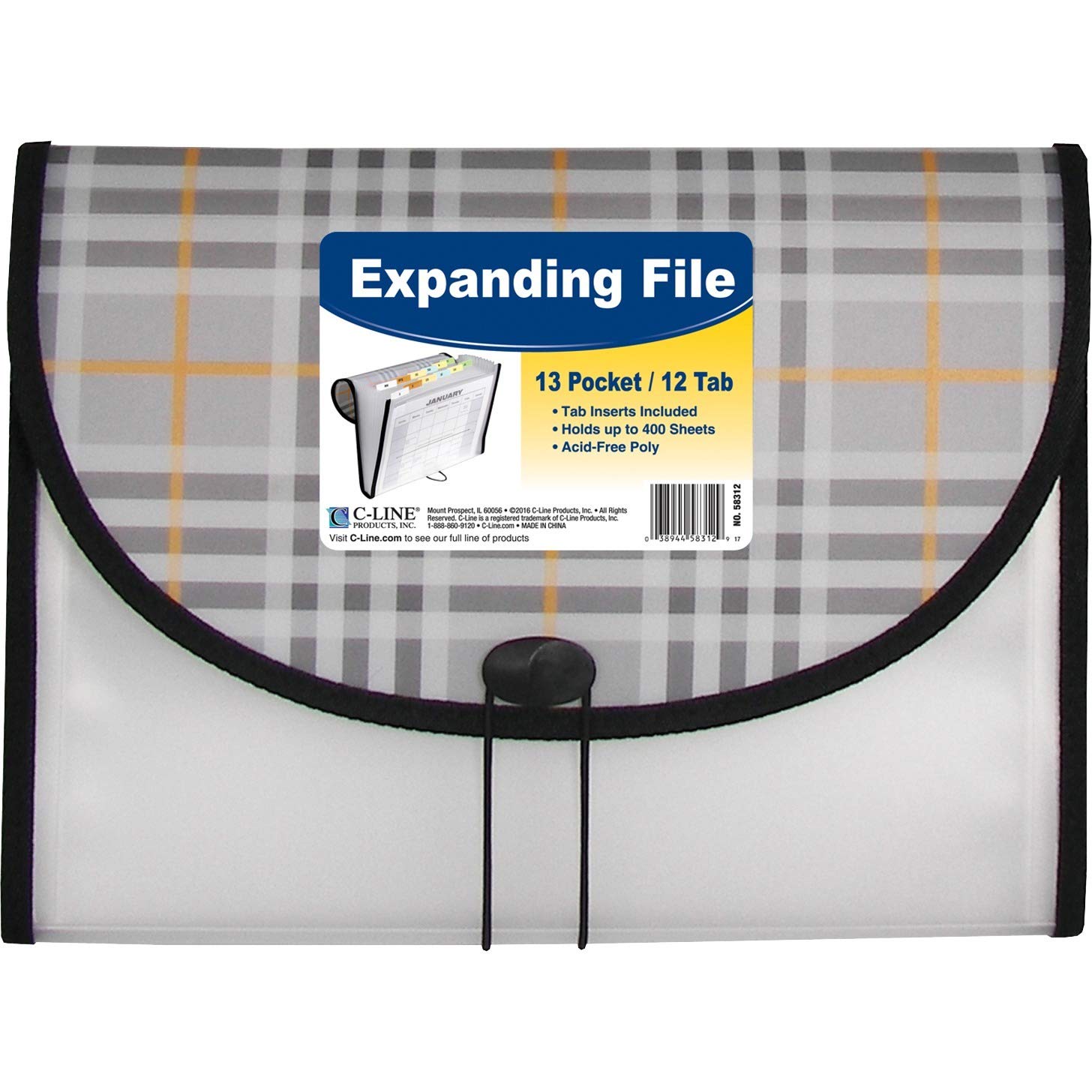 C-Line 13-Pocket Expanding File, Includes Tabs, Letter Size, 1 Expanding File, Plaid Design (58312)
