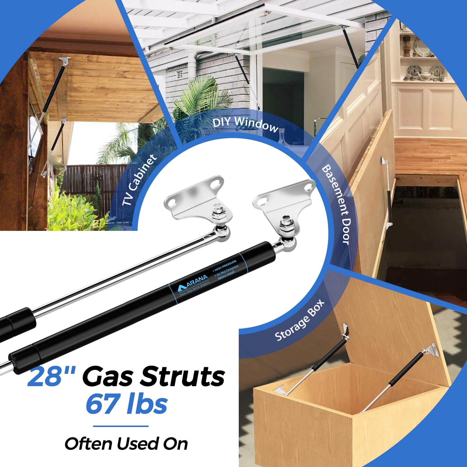 Arana 28 Inch 67 Lb Gas Struts Shock Prop, 28'' 298N/67Lb Gas Struts Lift-Support With L-Type Mounting Brackets For Rv Bed Tv Ca