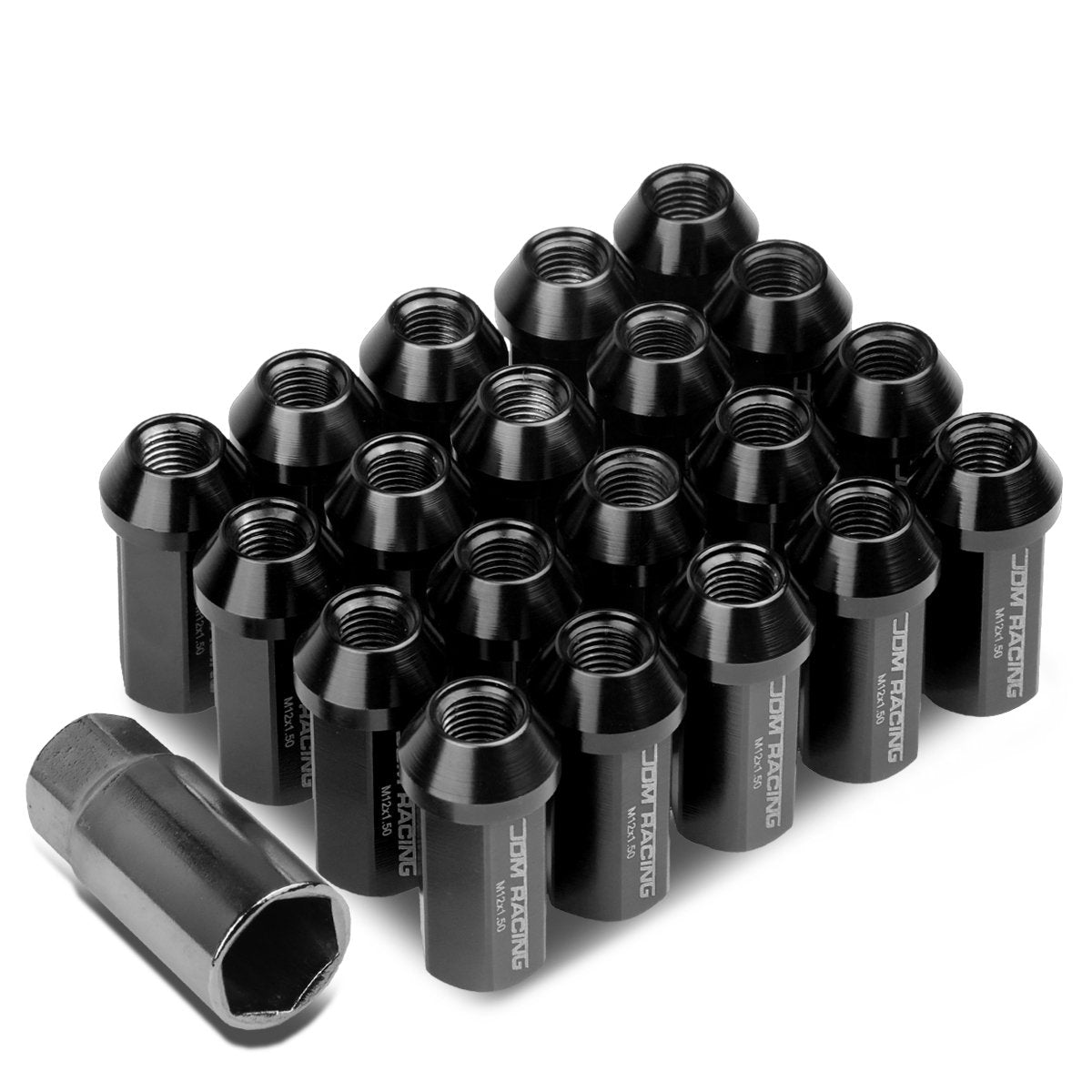 DNA MOTORING LNZTL901915BK 20Pcs M12 x 1.5 Close End Wheel Lug Nuts w/Deep Drive Extension Adapter, 25mm OD/50mm H, Black