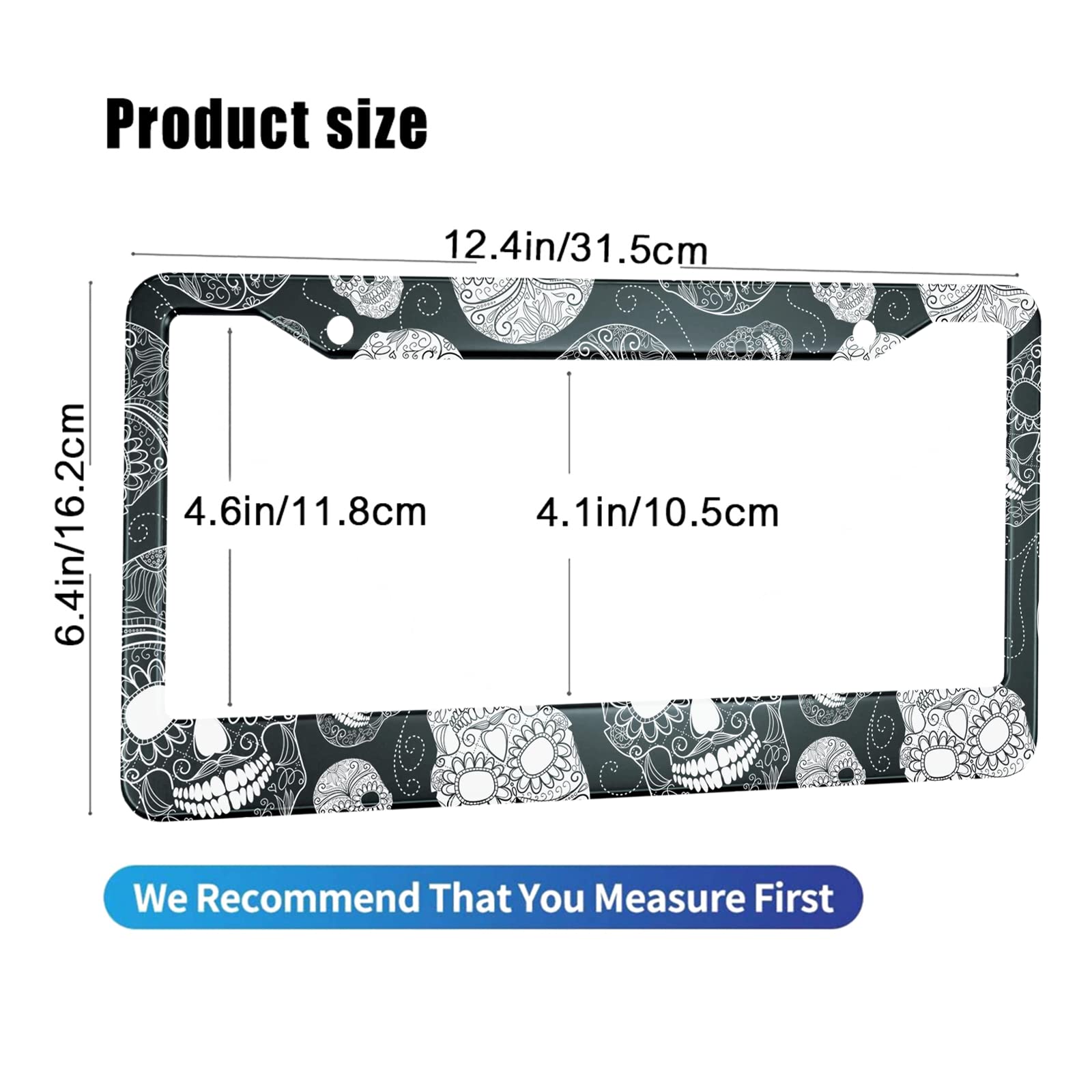 Hosnye Black And White Sugar Skull License Plate Frame Black 2 Pcs Day Of The Dead Cartoon Indian Style Metal Cute Licenses Plates Frames Licenses Plate Covers Car Tag Frame For Women Men Us Vehicles
