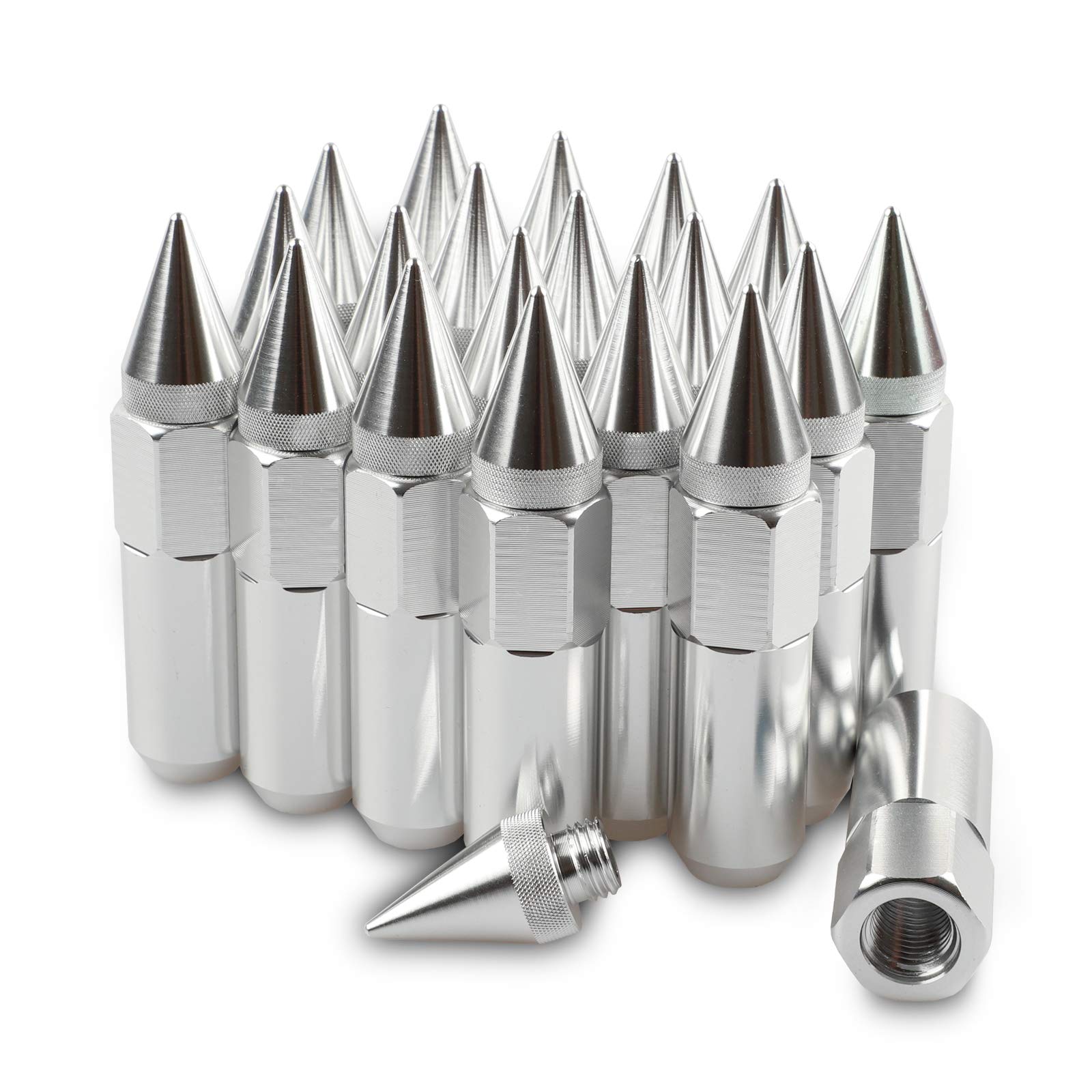 M12X1.5 Spiked Nuts for Rims Aluminum Extended Tuner Lug Nuts 20PCS 60MM (Silver)