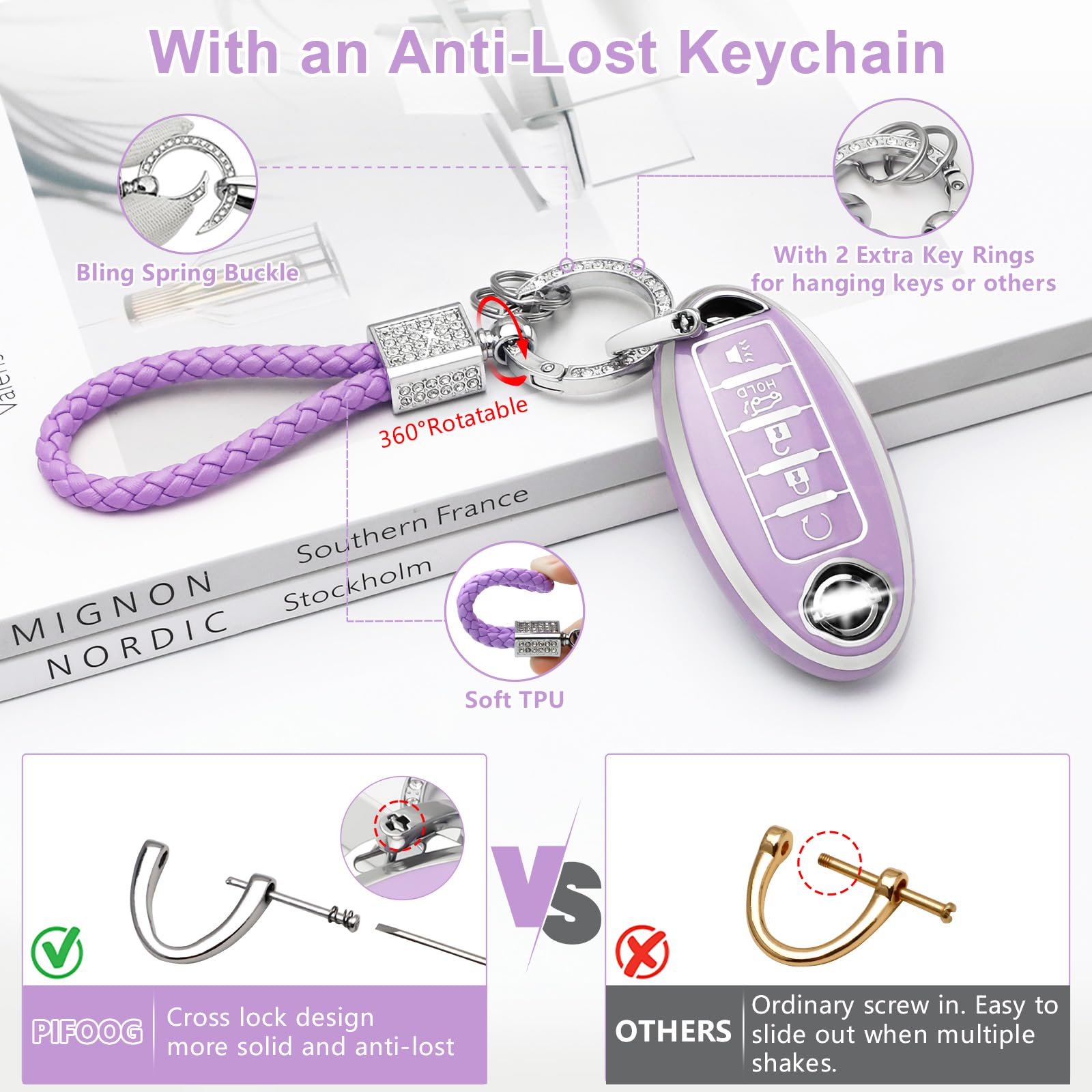 Pifoog Key Fob Cover For Nissan 5 Button Purple With Bling Keychain Girly Car Keys Case Shell Full Covers Protector Accessories