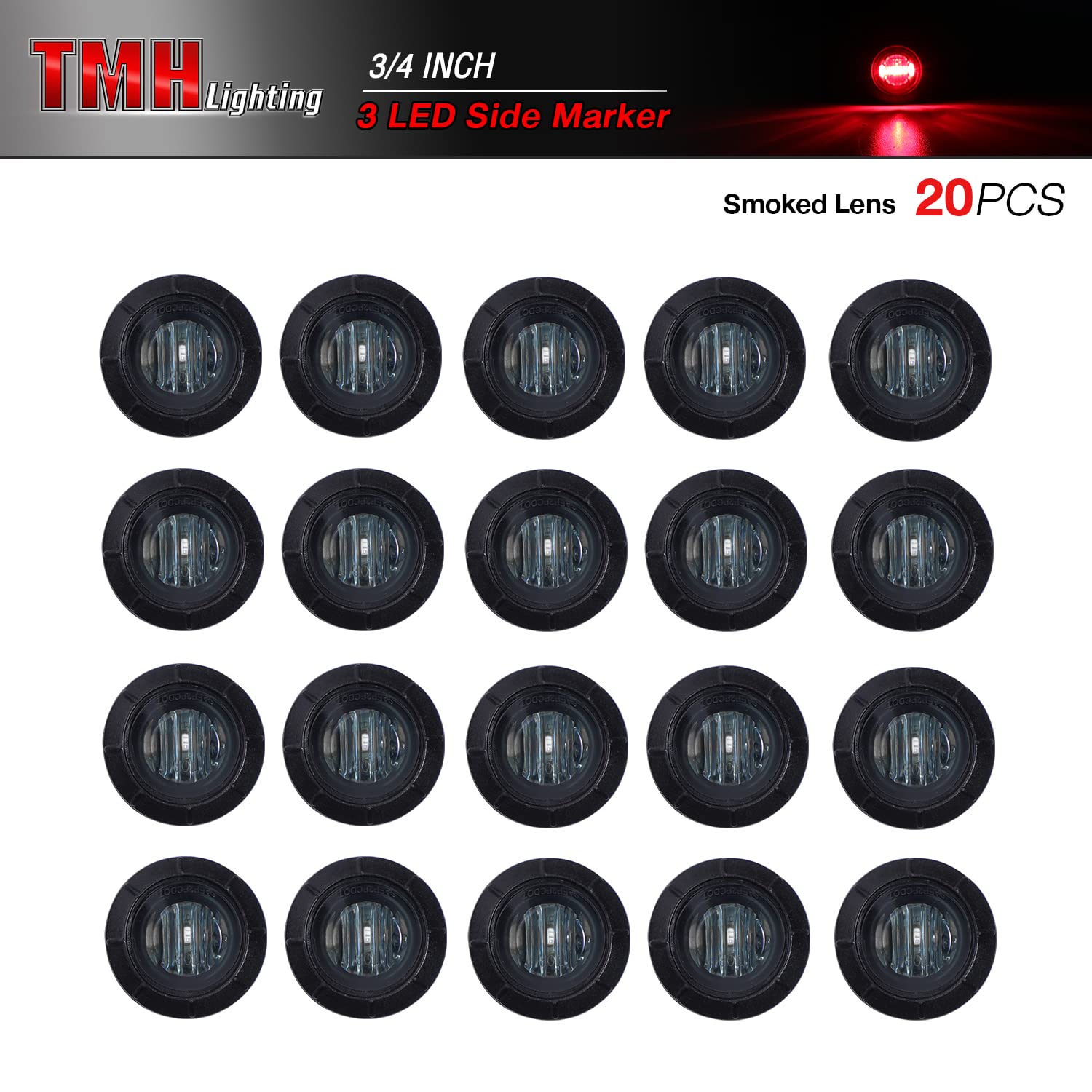 Tmh 3/4 Inch Mount Smoked Lens Red Led Small Clearance Side Led Marker Lights Trailer Truck Rv Atv Car Bus Van (Pack Of 20)