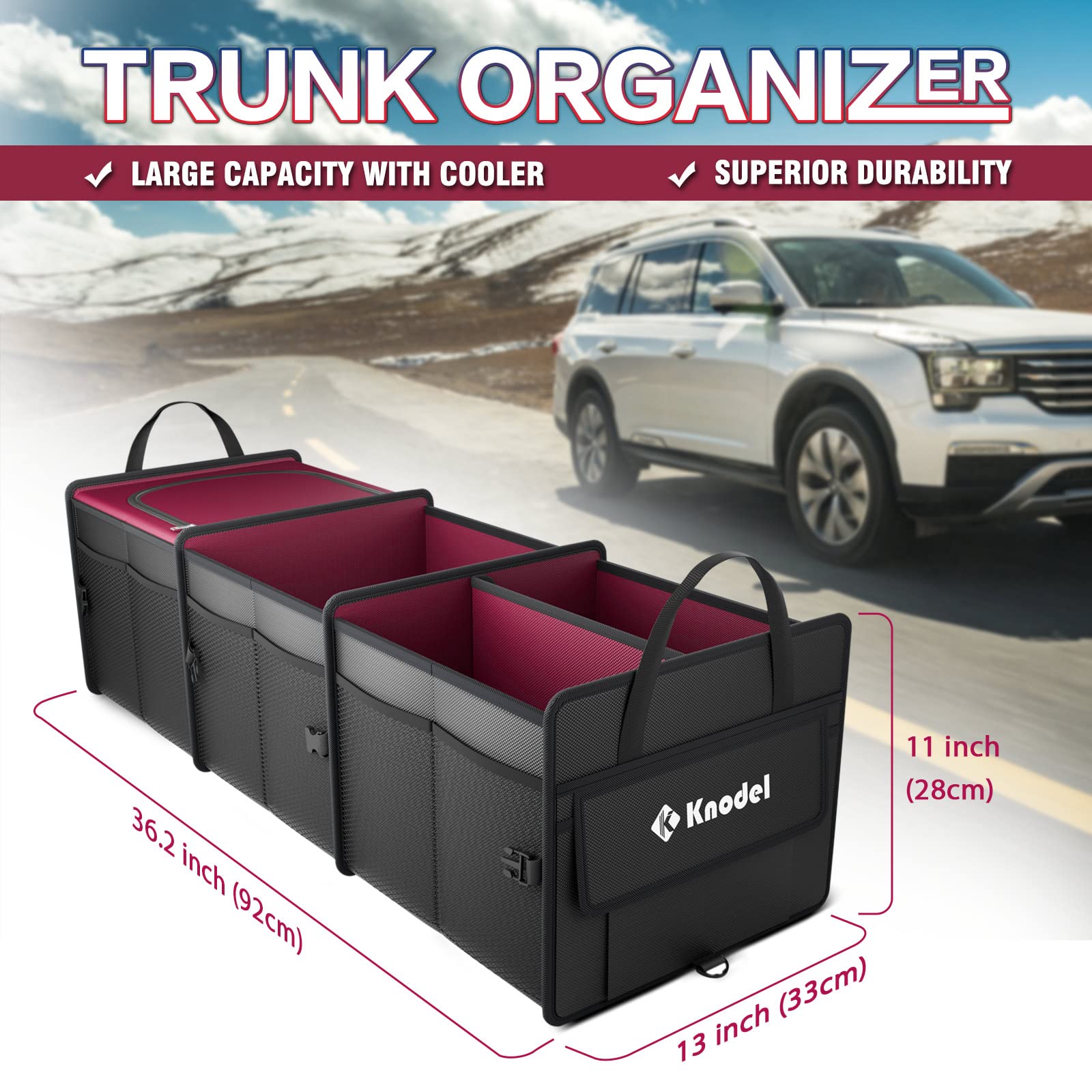 K Knodel Sturdy Car Trunk Organizer With Premium Insulation Cooler Bag, Heavy Duty Collapsible Trunk Storage Organizer For Car,