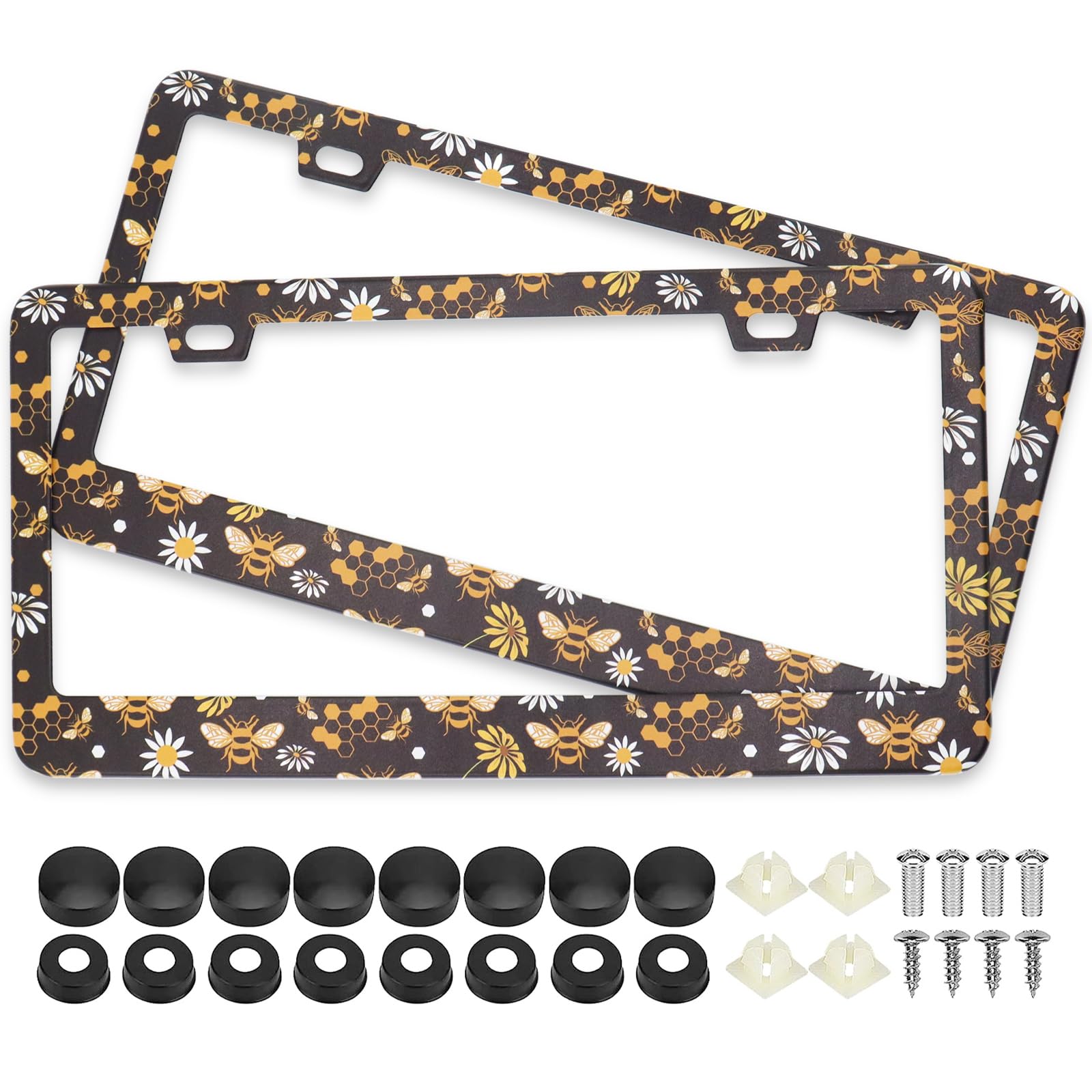 Bee Honeycomb And Flowers License Plate Frames, 2 Pack Bee Honeycomb Flower Car Plate Frame, Stainless Steel License Plate Holde