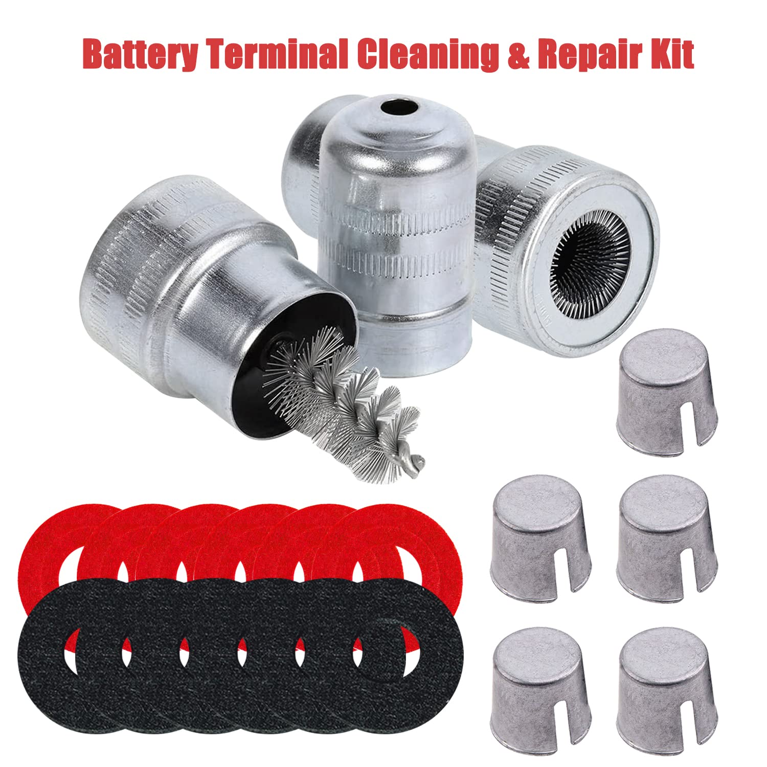 Ampper Battery Terminal Cleaning & Repair Kit, Battery Terminal Cleaning Kit with 5 Shims, 2 Brushes and 12 Piece Washers