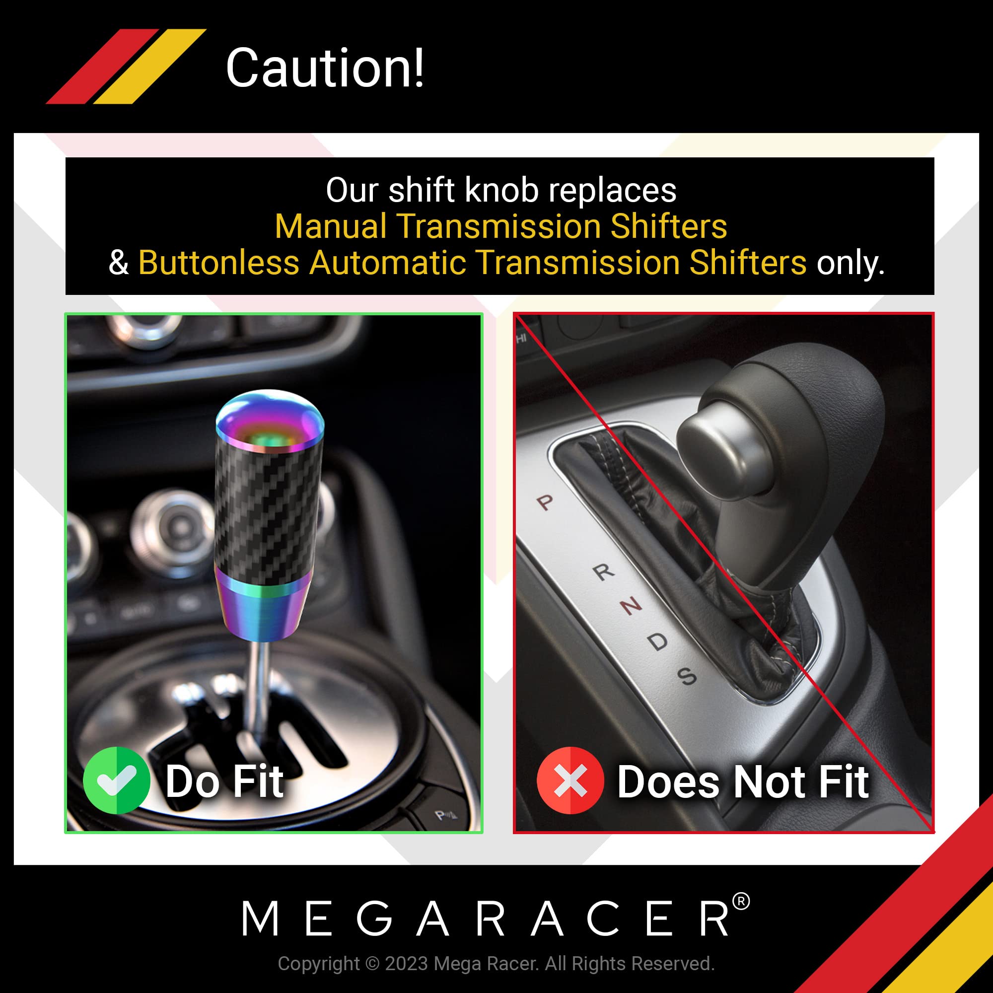 Mega Racer Neo Chrome Carbon Fiber Shift Knob | Buttonless Automatic Manual Shift Knobs | Car Gear Shifter | 6 Speed 4 5 Speed |