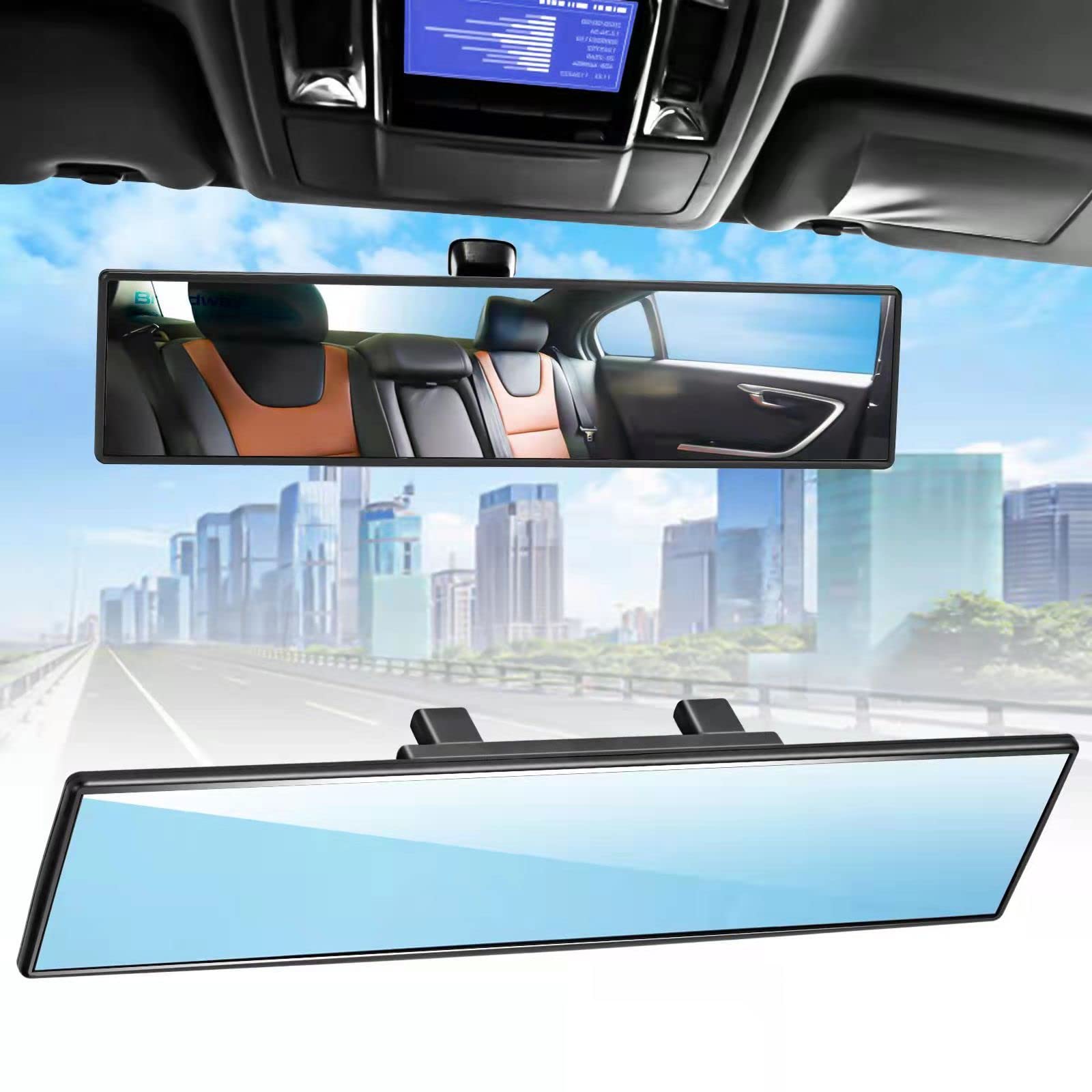 NINGFIST Broadway Car Rear View Mirror HD Anti Glare Universal 12 Inch large Field of View Panoramic Rearview Mirror with Wide Angle Blue Tint for Car SUV and Truck -Like New