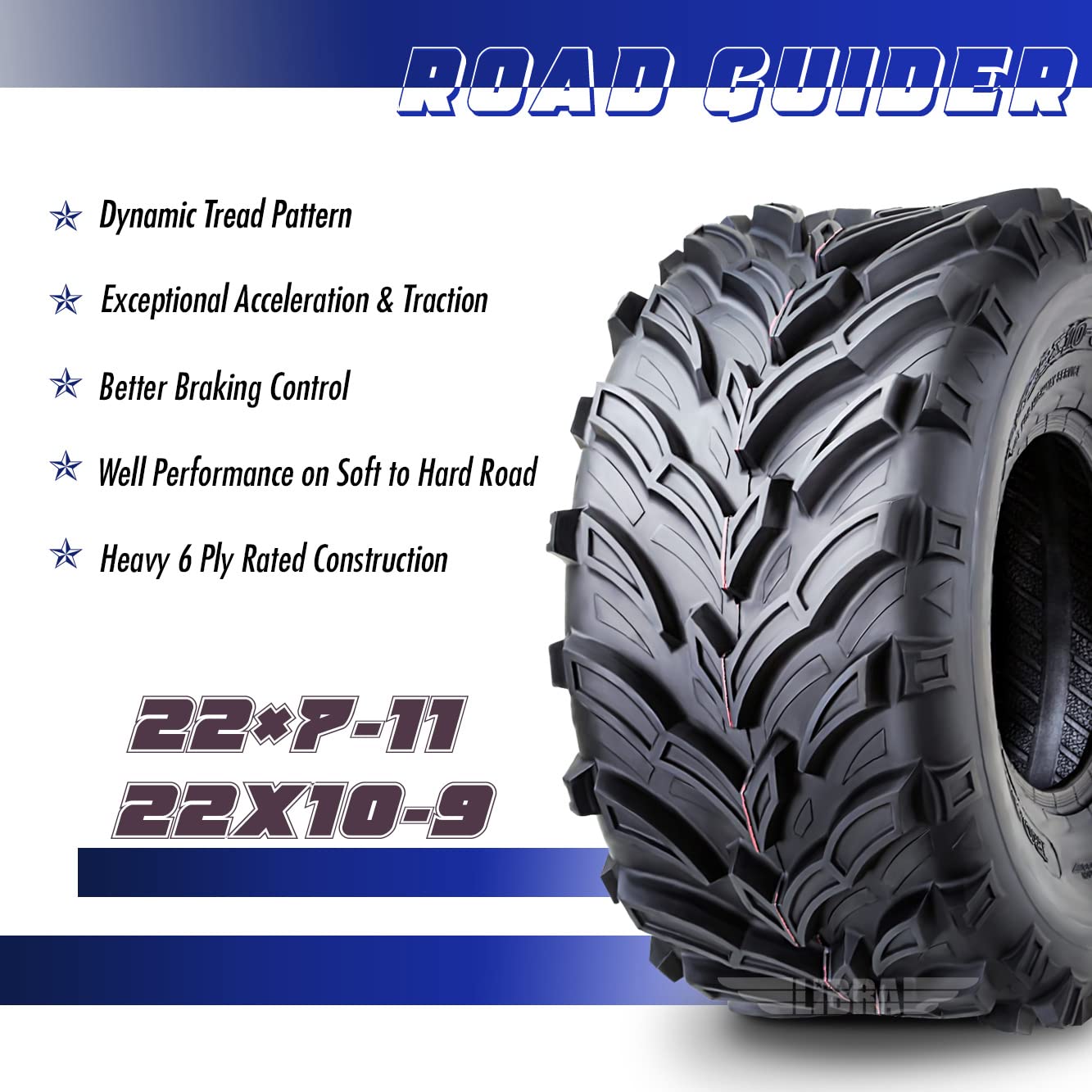 Roadguider Set 4 Atv/Utv Tires 22X7-11 Front & 22X10-9 Rear /6Pr 20Mm Deep Tread Compatible With Honda Recon 250 Suzuki Ozark 25