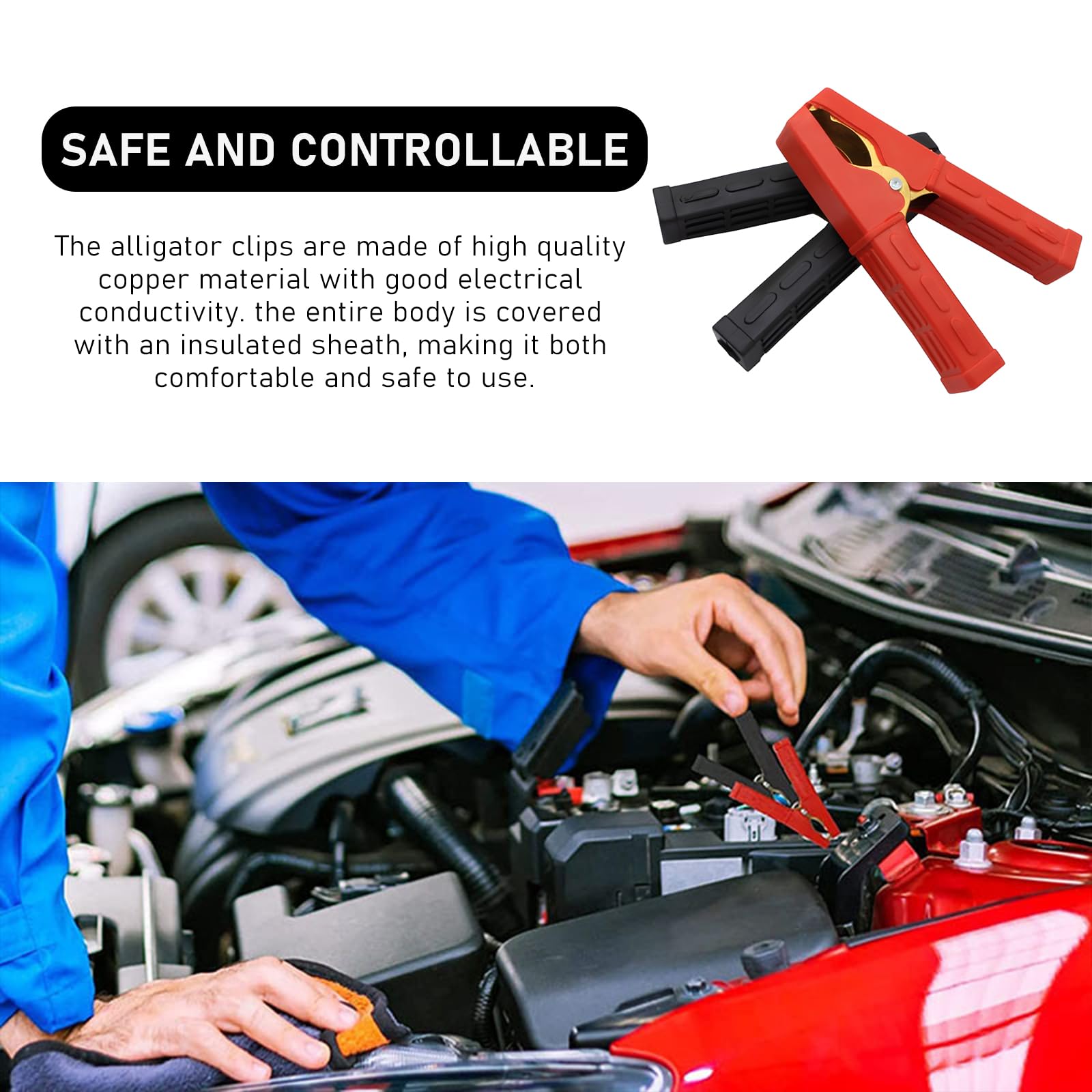 povtii 2 PCS Heavy Duty Insulated Alligator Clips, 500A Battery Jumper Cable Clamps, Crocodile Clamps Battery Charger Clips for