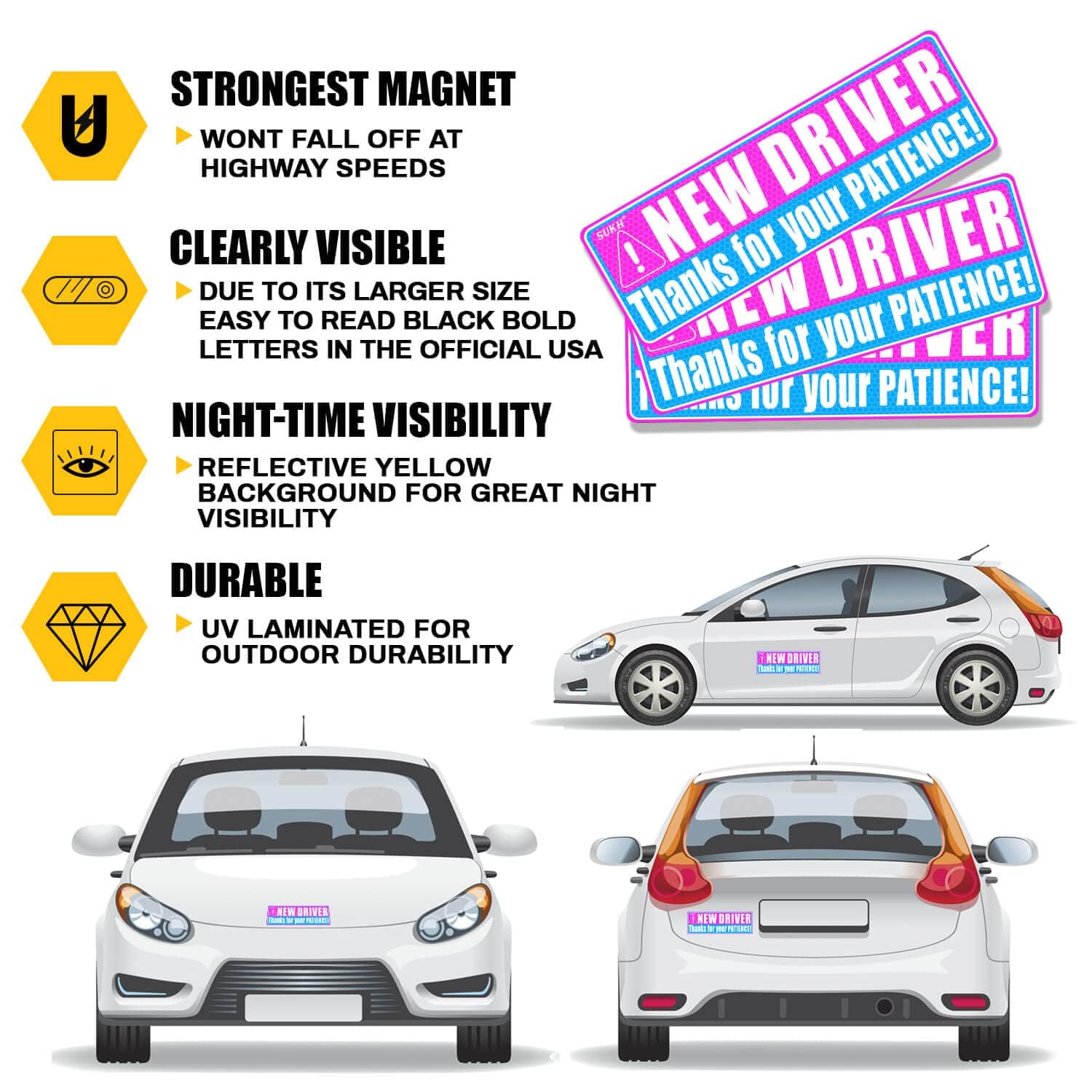 Sukh New Driver Magnet - Student Funny Be Patient Safety Warning Rookie Driver Car Bumper Magnets Car Accessories Teen Boys Girl