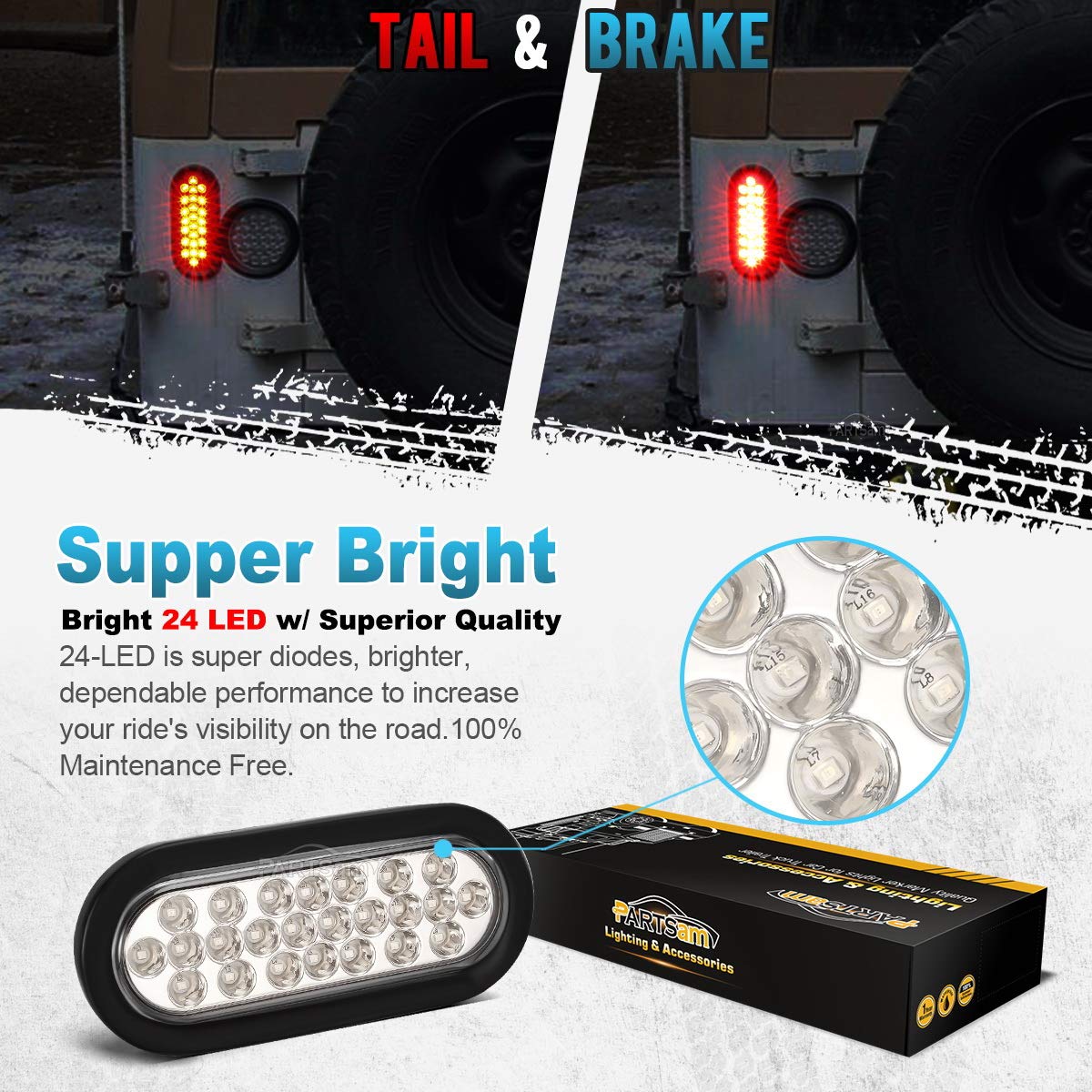 Partsam 2X Oval Brake Stop Tail Turn Sealed Marker Lights Flush Mount 6.3'' Inch 24 Led Truck Trailer Boat Utility Clear Lens Re