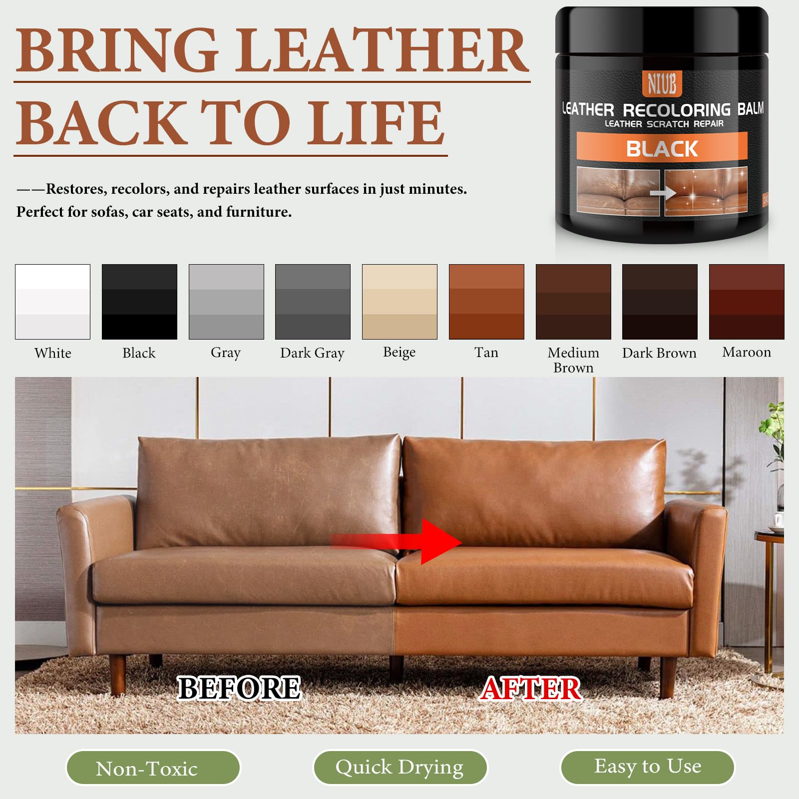 Niub Leather Recoloring Balm Leather Color Restorer Scratch Repair Leather Paint For Furniture Couches Car Seats Shoes Bags Leat