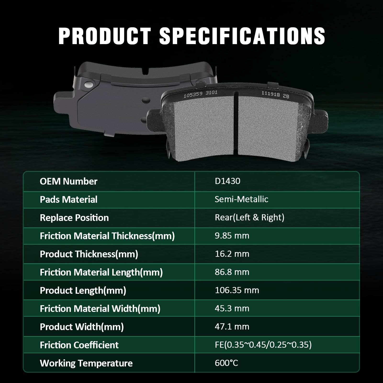 Automuto 8Pcs Front & Rear Metallic/Semi-Metallic Disc Brake Pads Set D1001 D1430 For Buick Regal 2013 2015 2016,For Saab 9-5 20