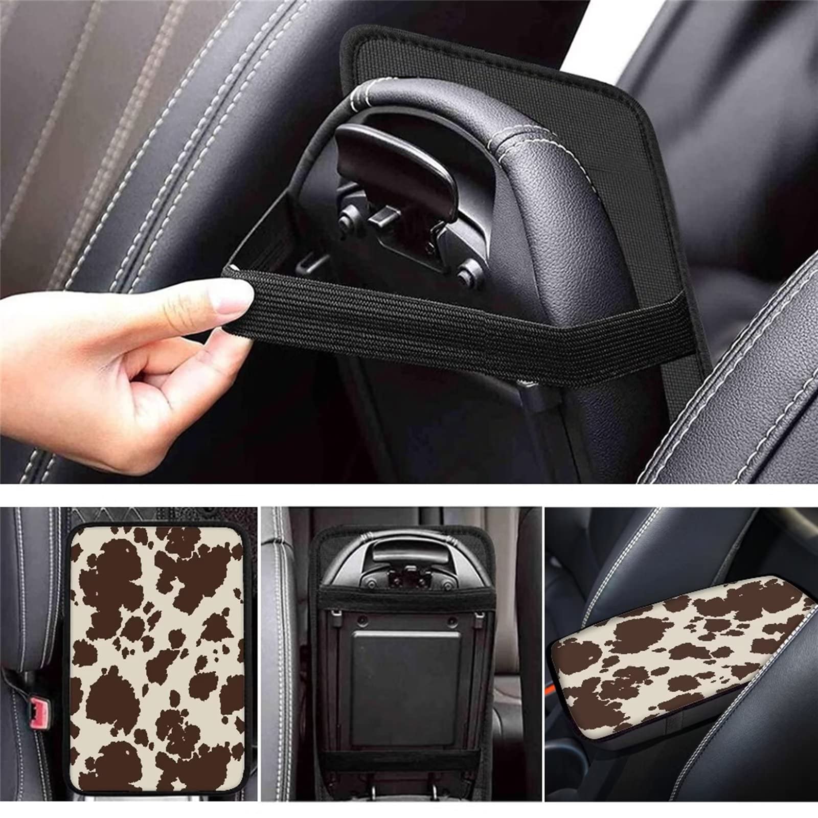 Dreaweet Brown Cow Print Auto Center Console Pad, Breathable Car Armrest Seat Box Cover Protector Universal Fit Cushion for Most