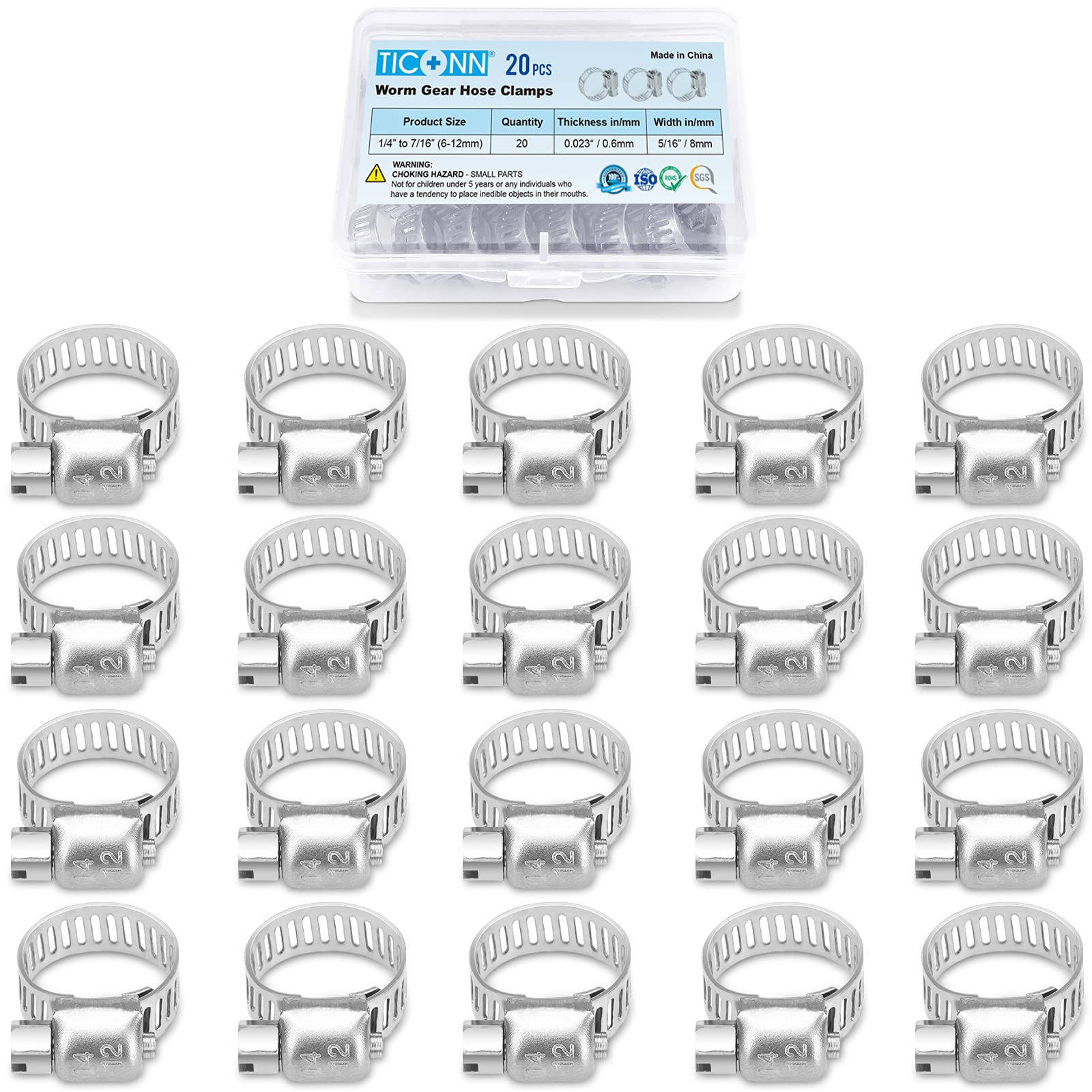 Ticonn 20Pcs Hose Clamp Set - 1/4 ' '-7/16 ' ' 304 Stainless Steel Worm Gear Hose Clamps For Pipe, Intercooler, Plumbing, Tube A