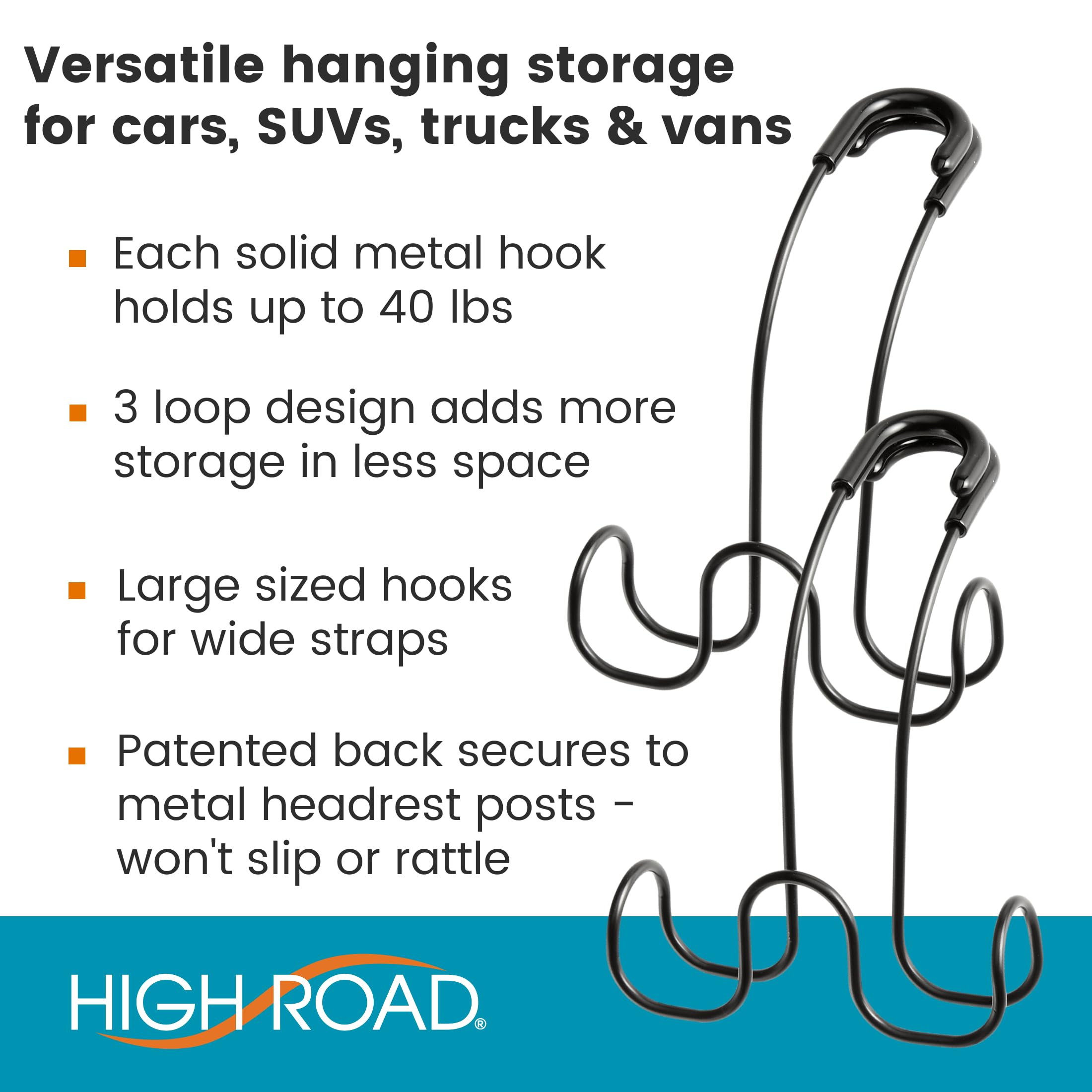 High Road Metal Car Hooks For Purses And Bags - Unbreakable Headrest Car Hooks For Large Purse Straps And Heavy Bags Up To 40 Lb